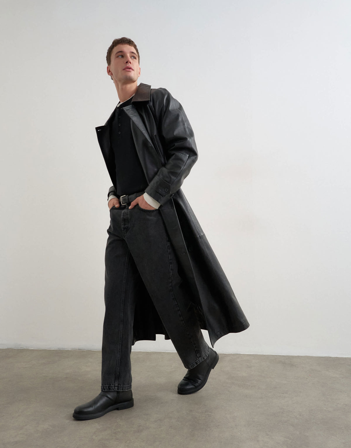 Topman longline real leather trench jacket in black