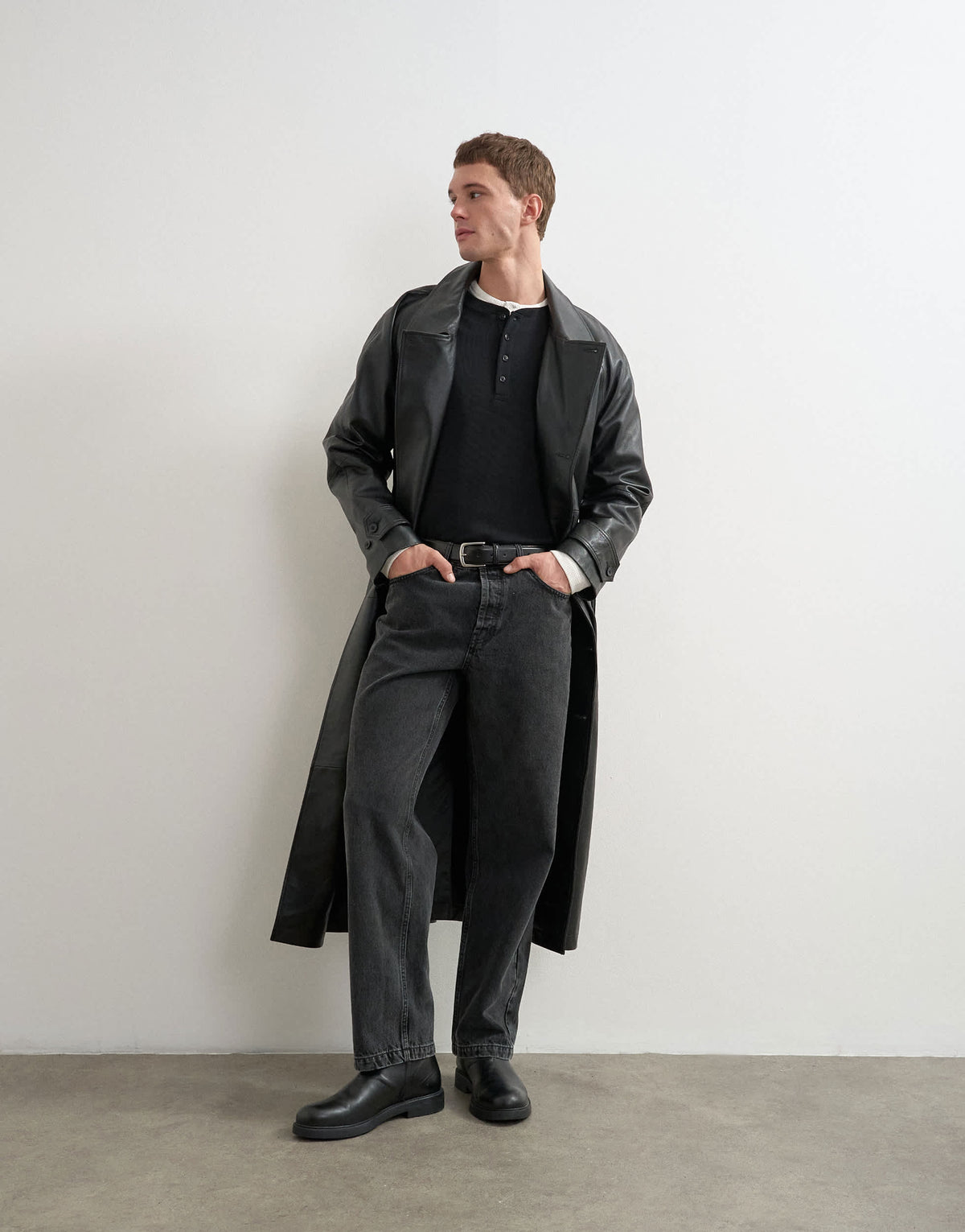 Topman longline real leather trench jacket in black