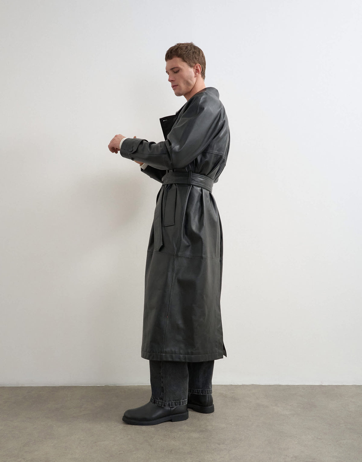 Topman longline real leather trench jacket in black