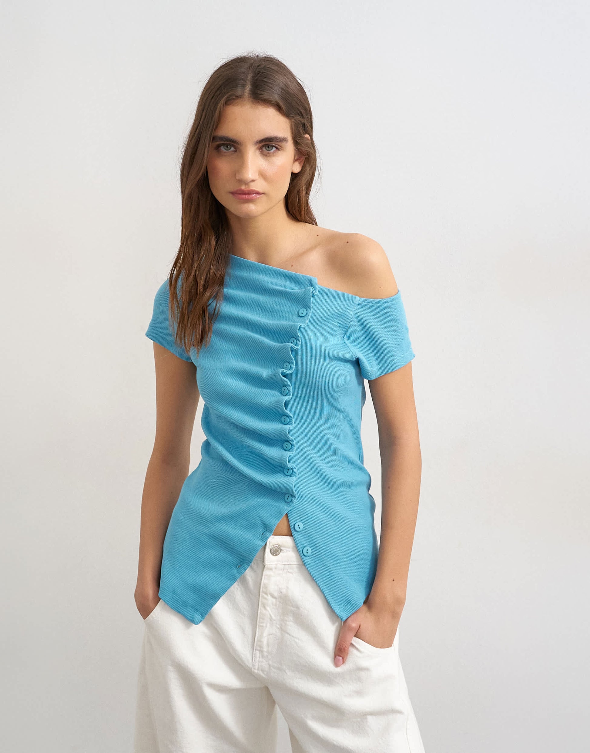Topshop bardot button through top in blue