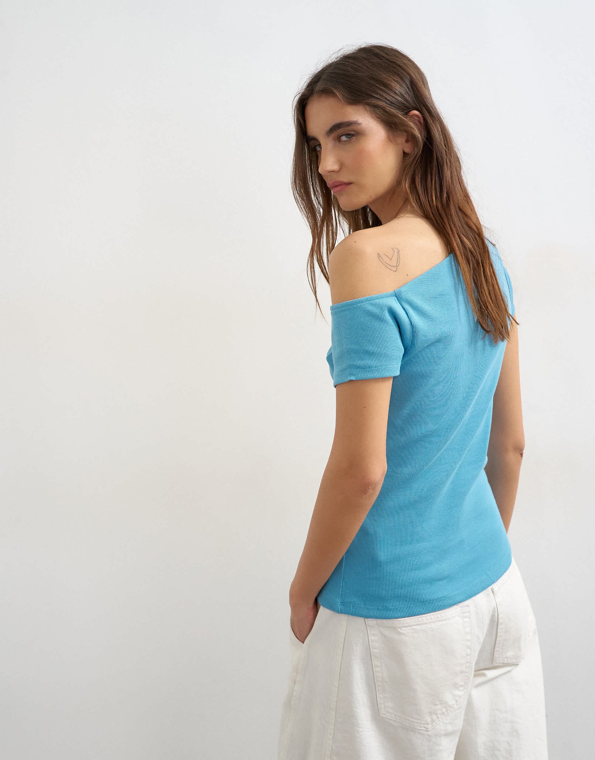 Topshop bardot button through top in blue