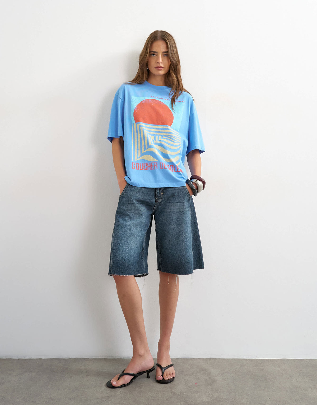 Topshop 'Coucher De Soleil' graphic oversized tee in light blue