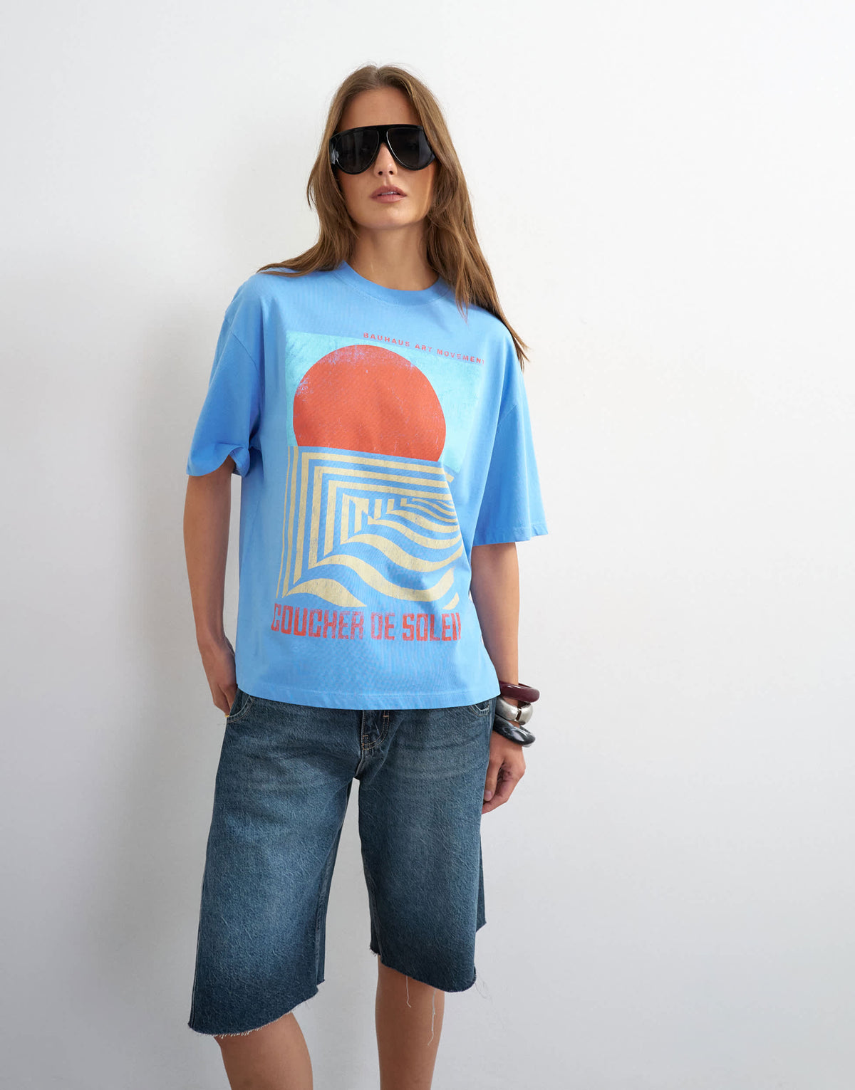 Topshop 'Coucher De Soleil' graphic oversized tee in light blue