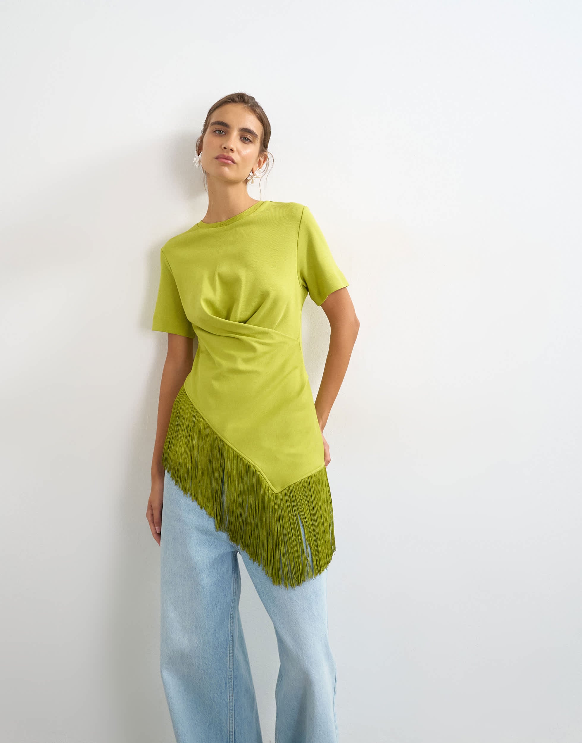 Topshop fringed wrap front tassel hem tee in olive