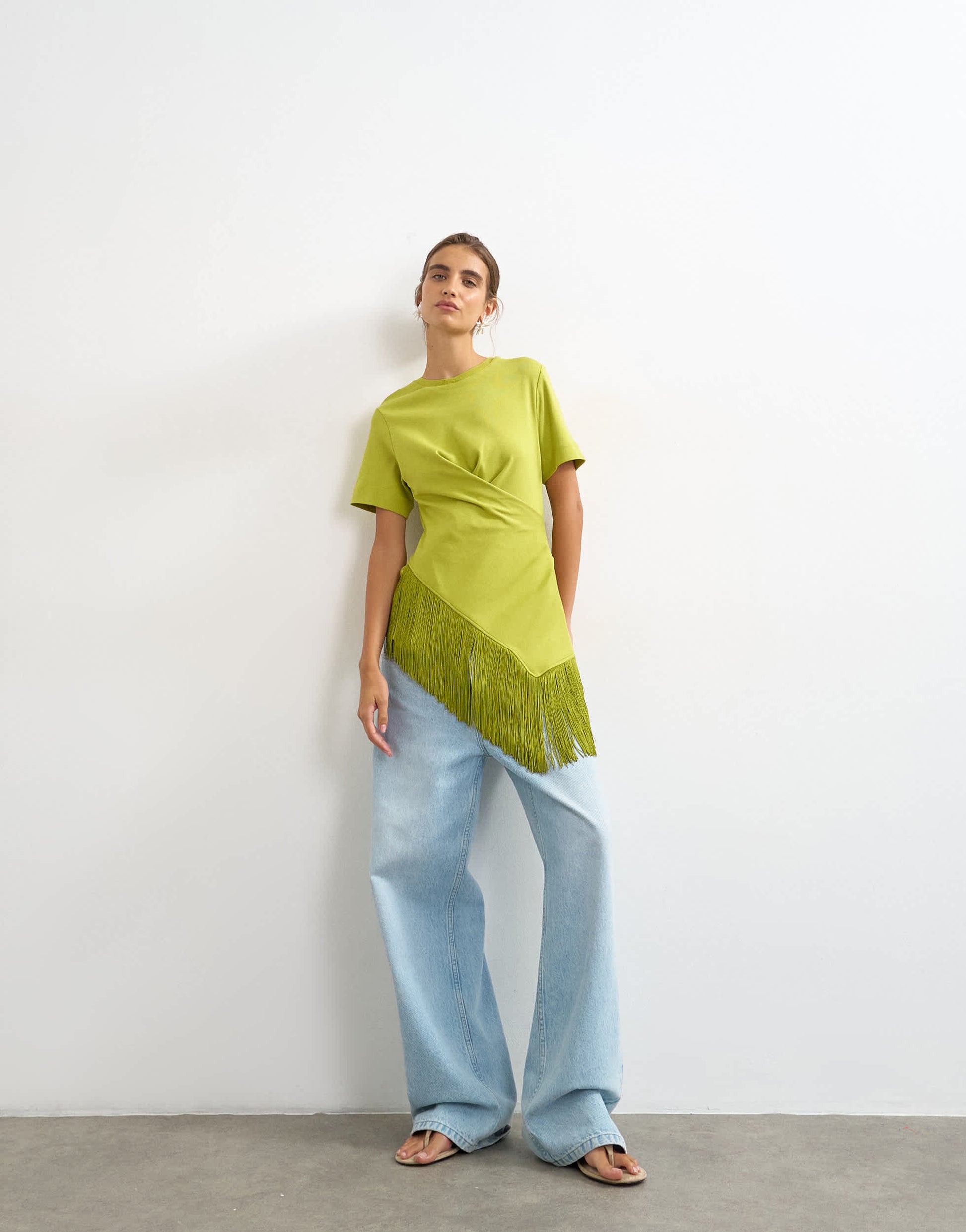 Topshop fringed wrap front tassel hem tee in olive