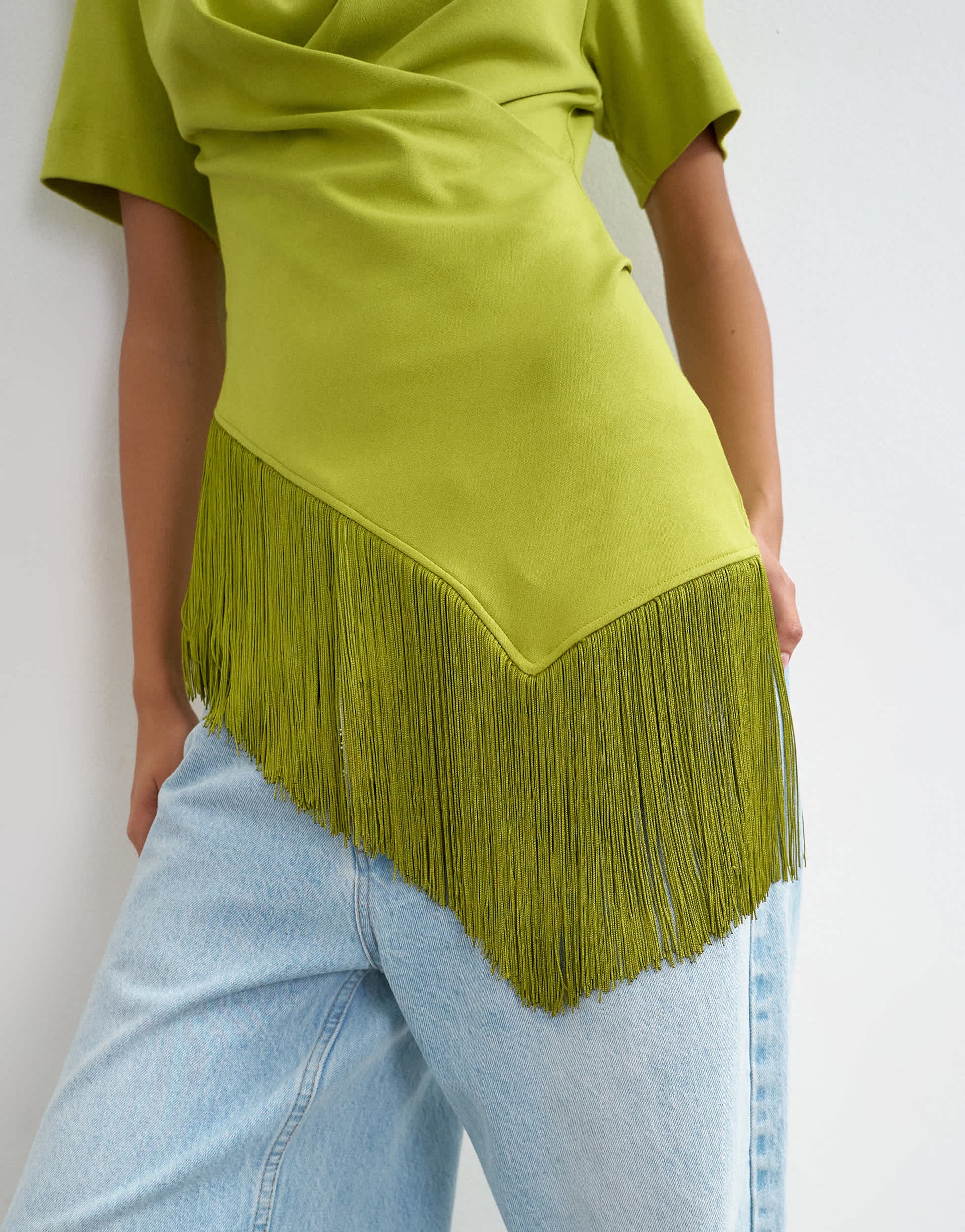 Topshop fringed wrap front tassel hem tee in olive