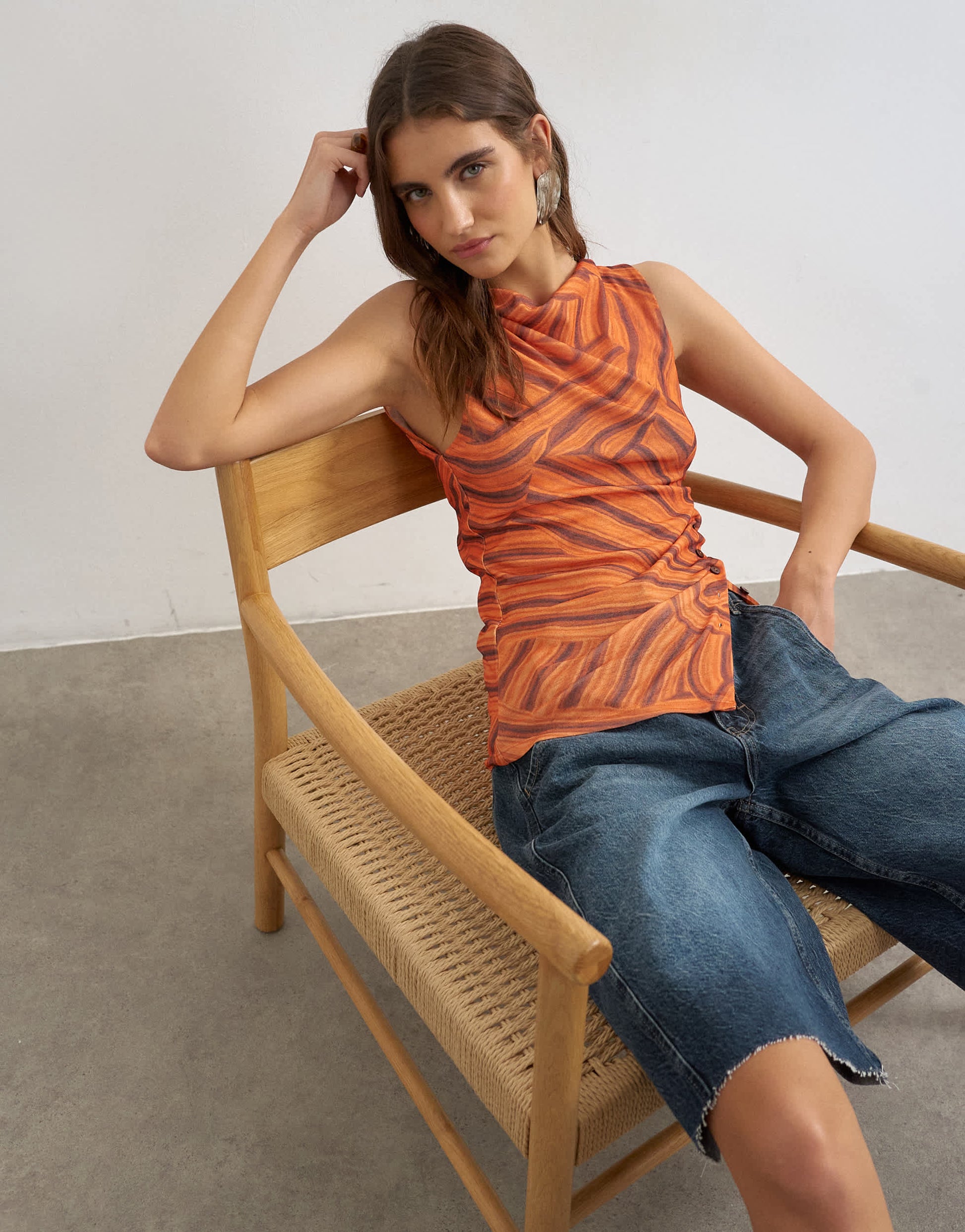 Topshop onion mesh button detail slash neck top in orange