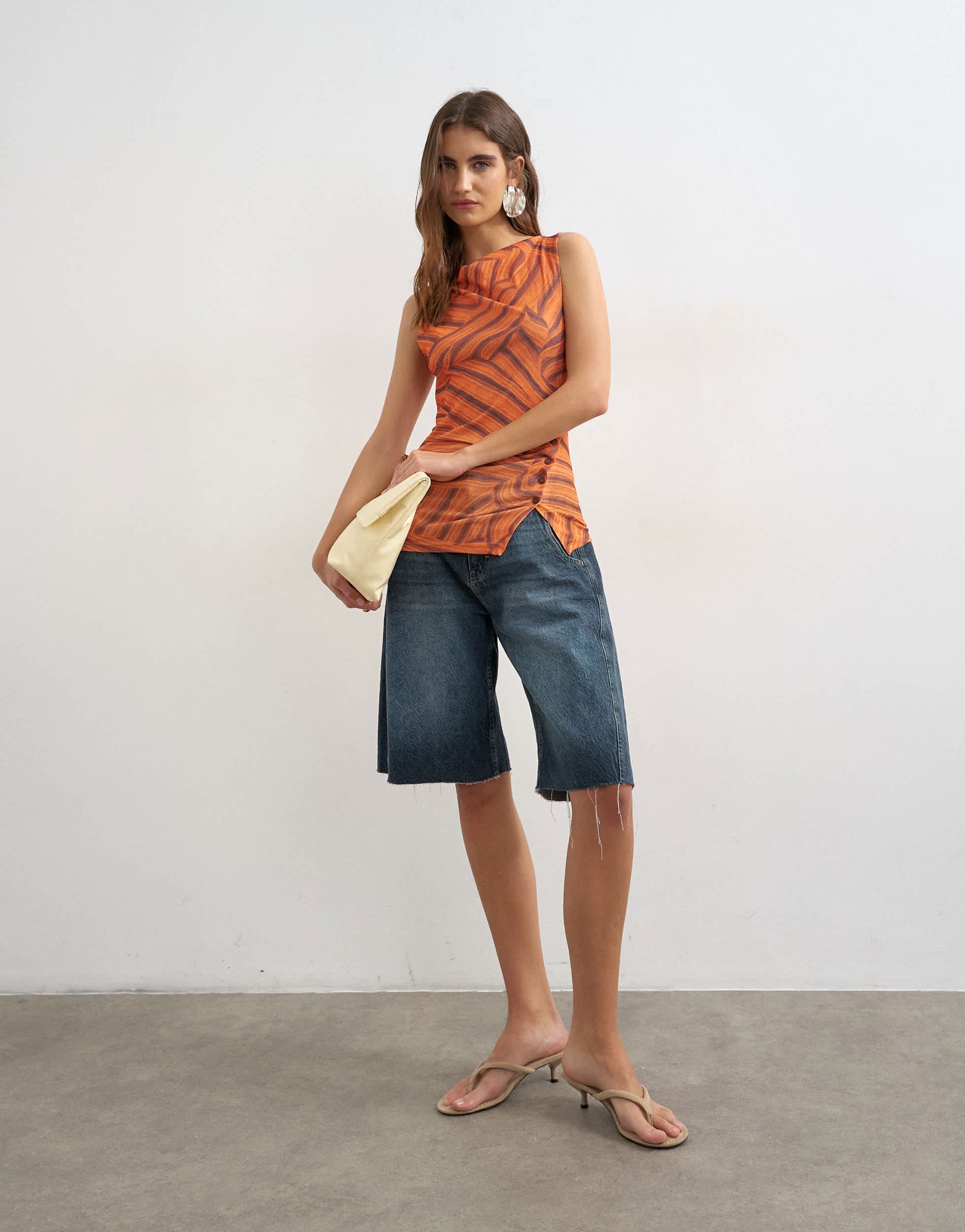 Topshop onion mesh button detail slash neck top in orange