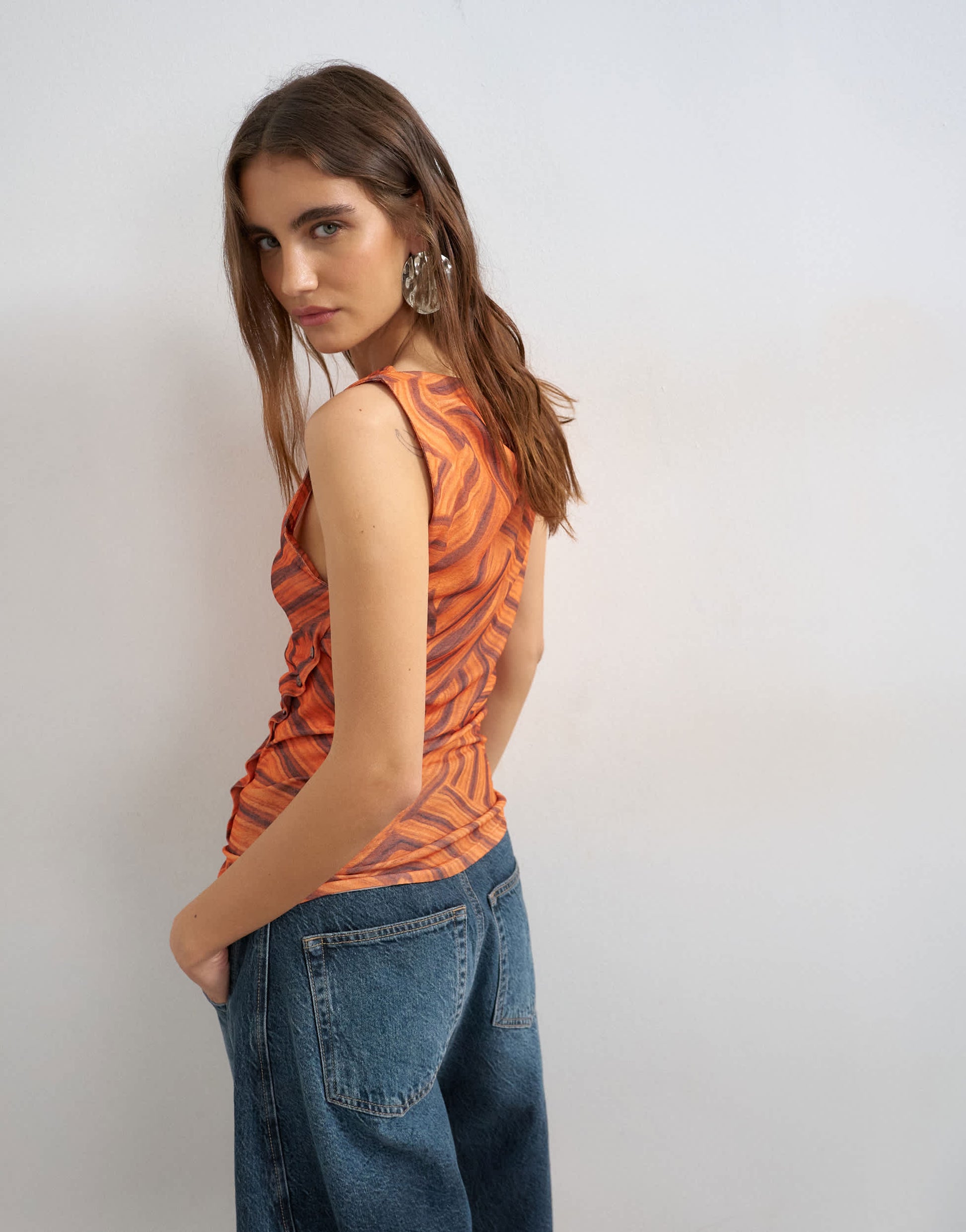 Topshop onion mesh button detail slash neck top in orange