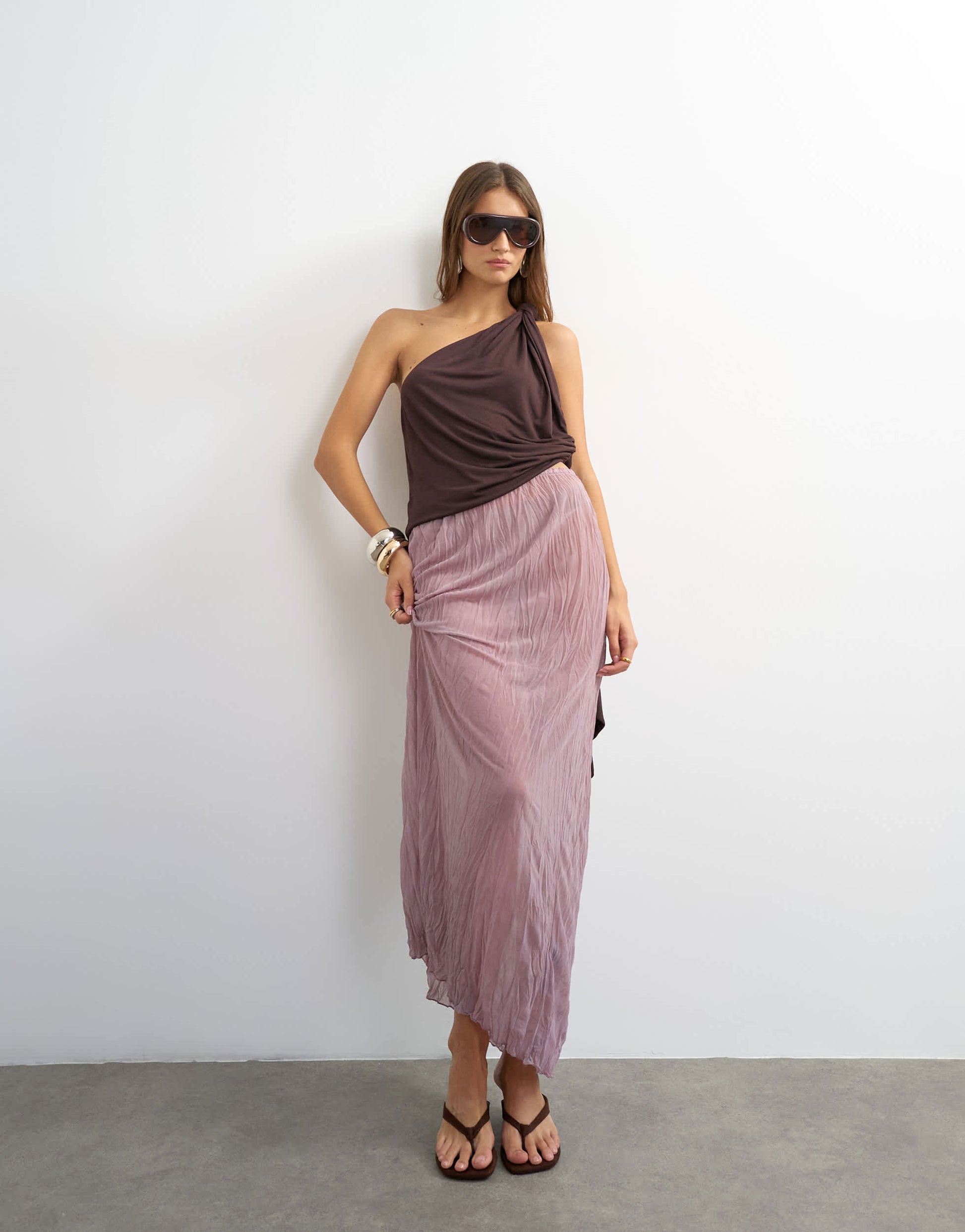 Topshop textured mesh maxi skirt co-ord in mauve