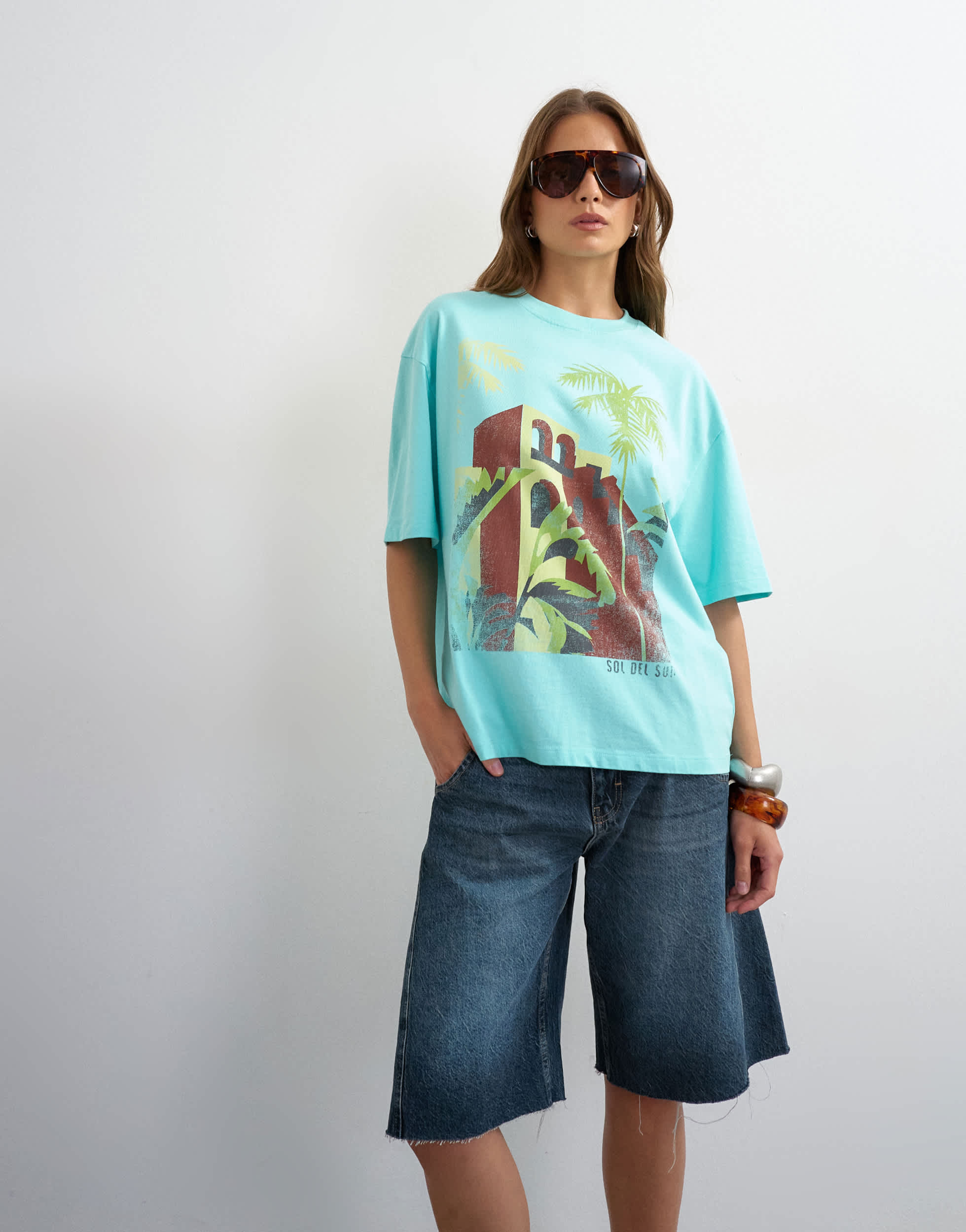 Topshop 'Sol De Sur' graphic oversized tee in light blue