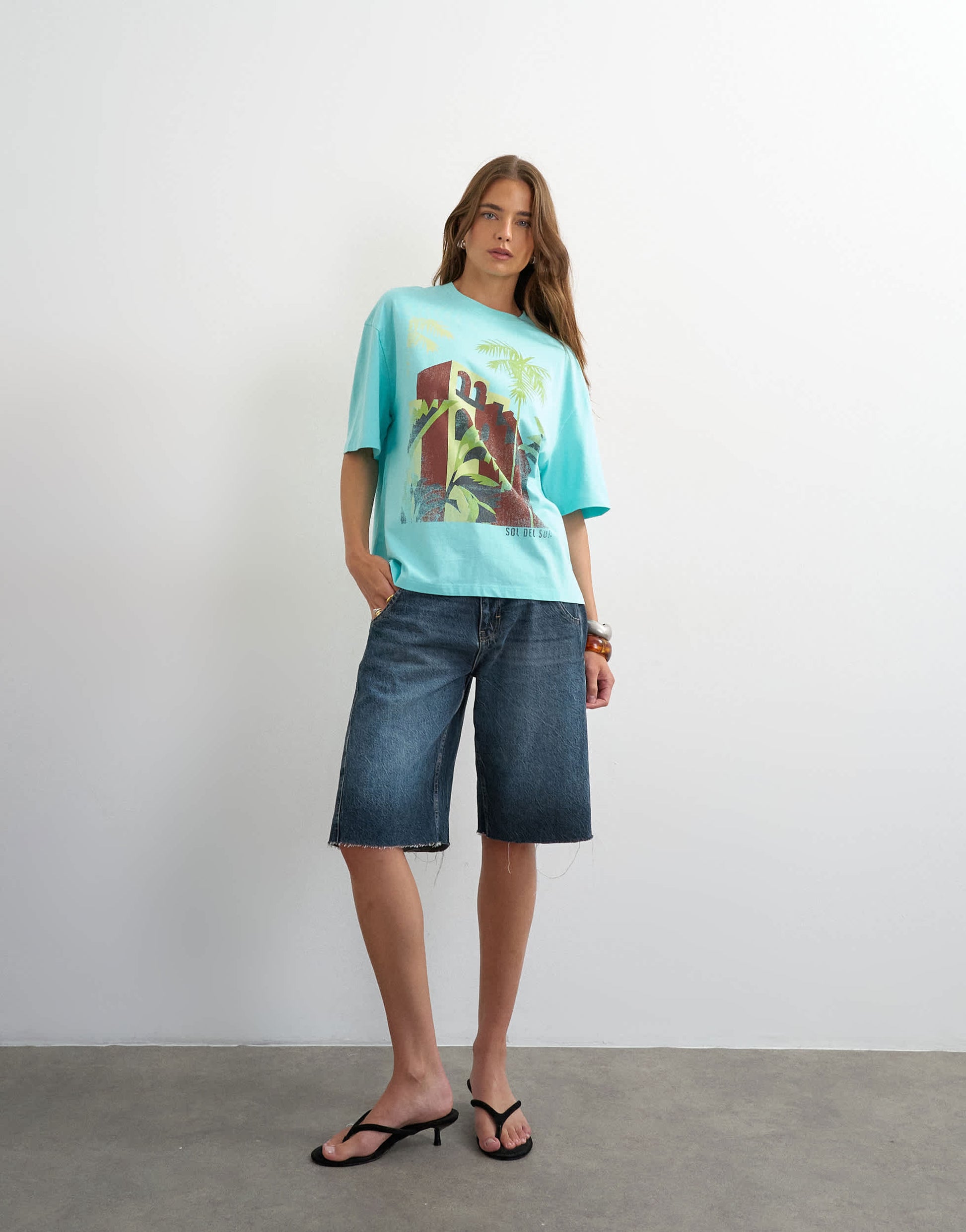 Topshop 'Sol De Sur' graphic oversized tee in light blue