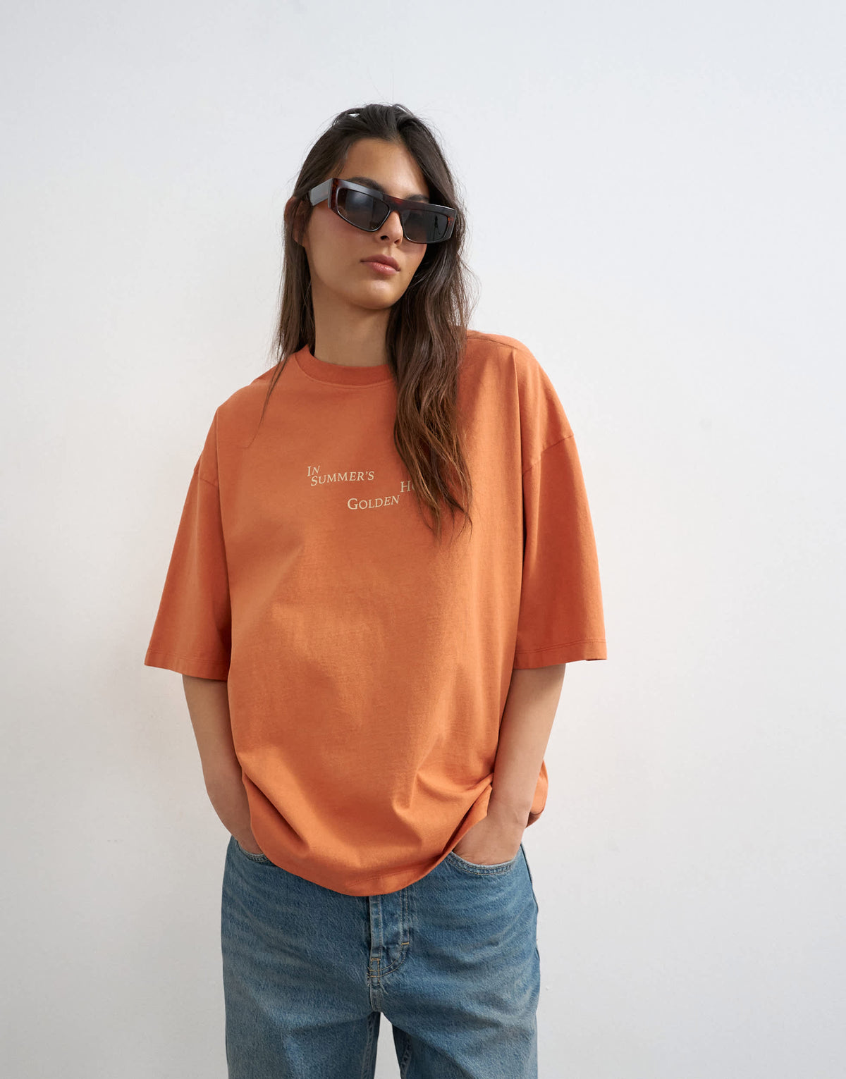 Topshop 'In Summers Golden Hours' graphic oversized tee in orange