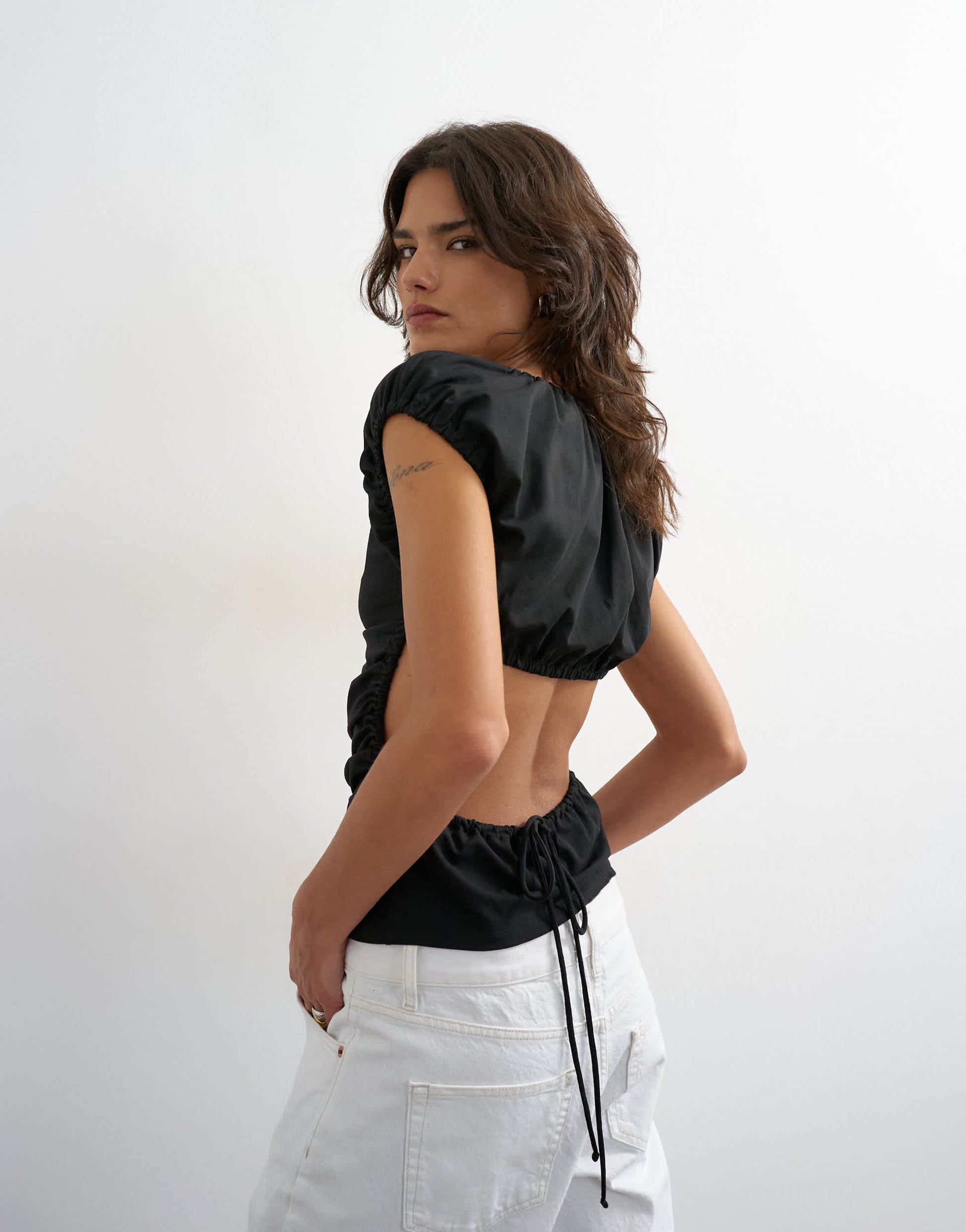 Topshop ruched back cut out top in black