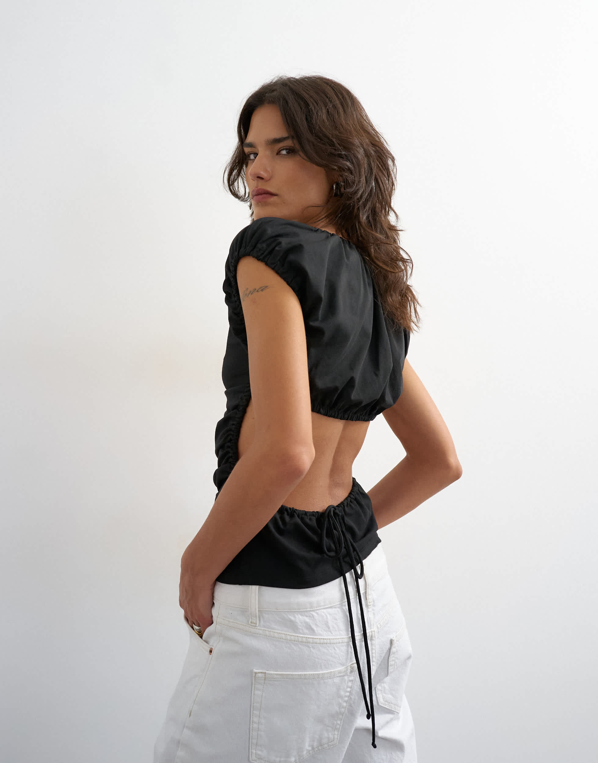 Topshop ruched back cut out top in black