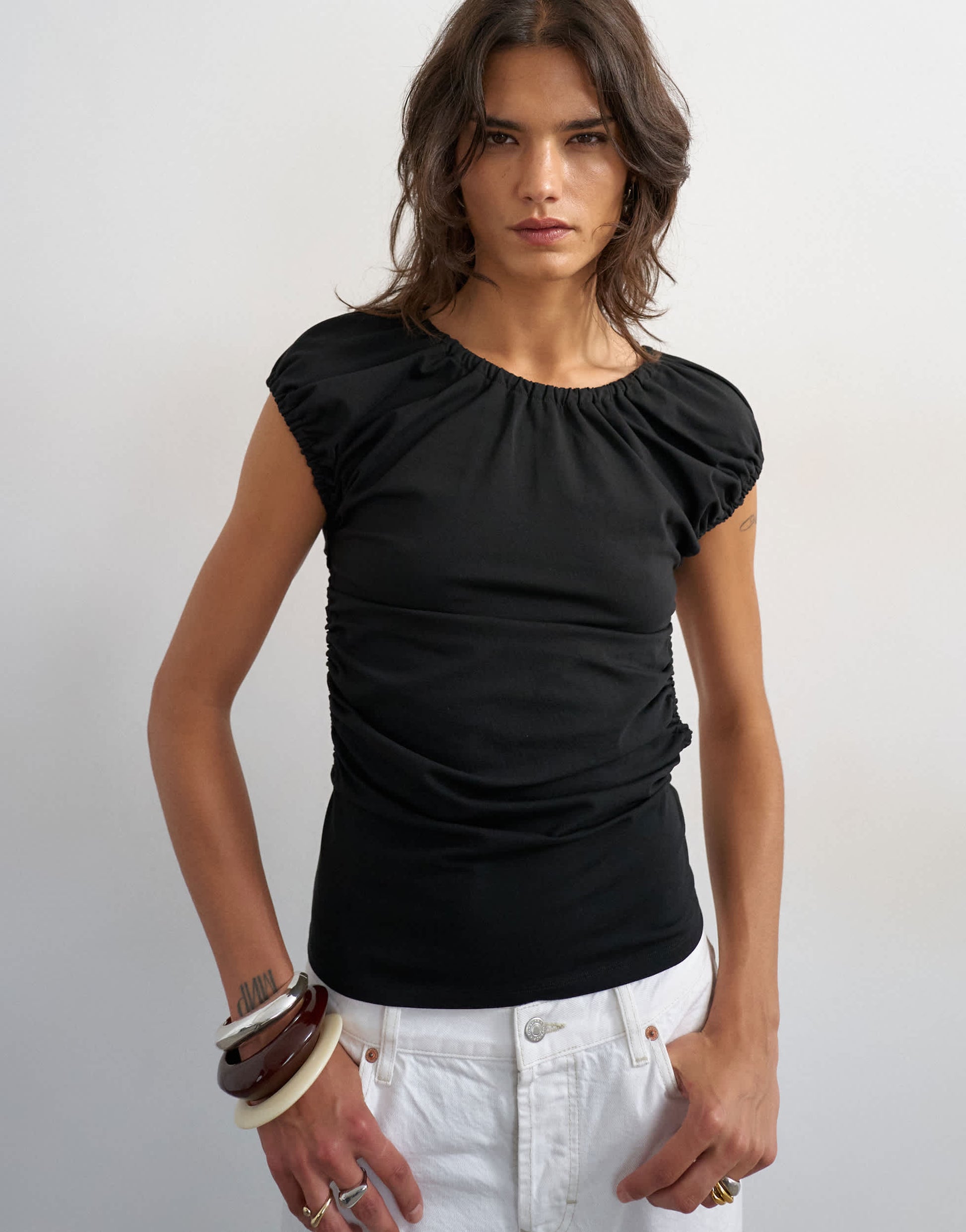 Topshop ruched back cut out top in black