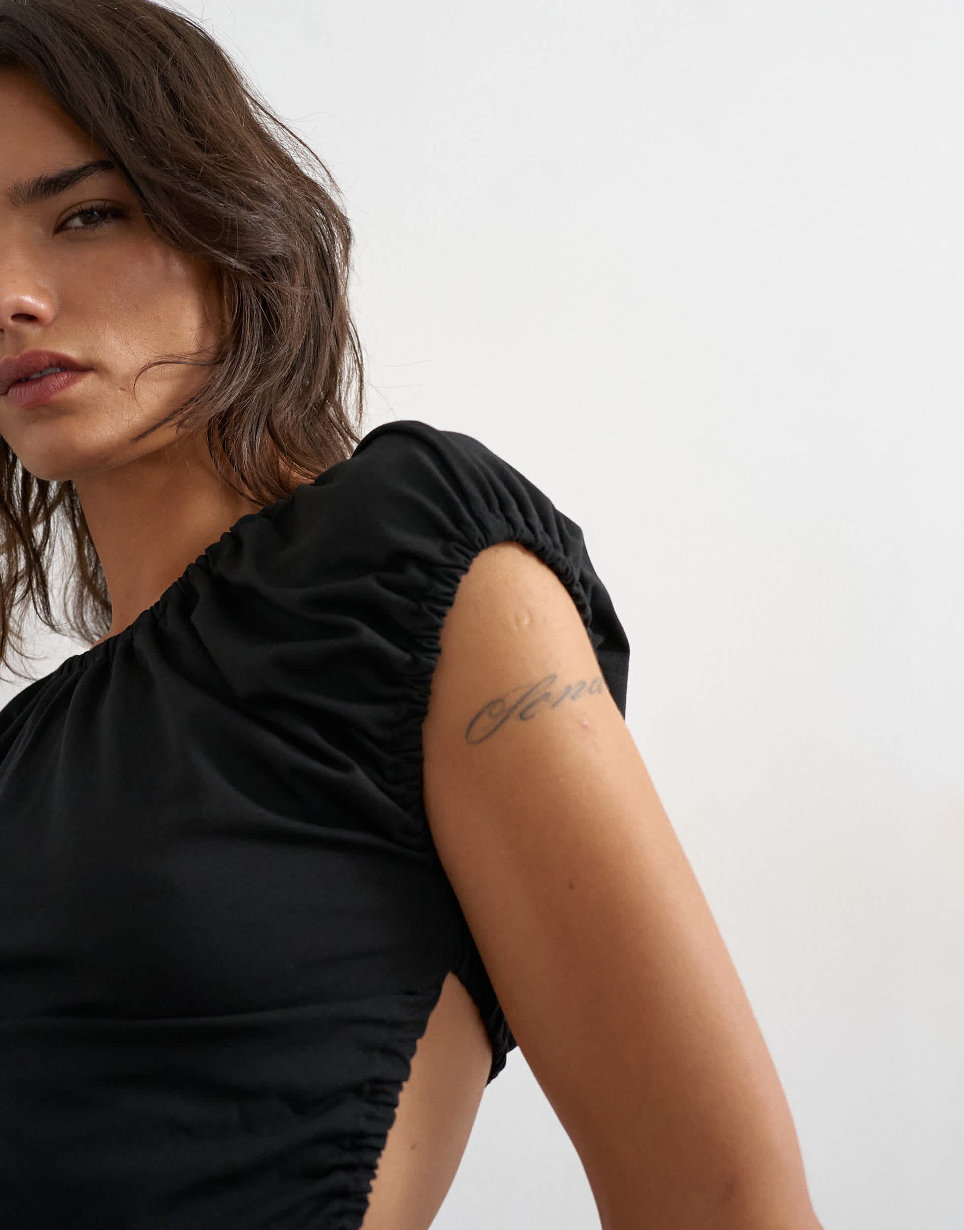 Topshop ruched back cut out top in black