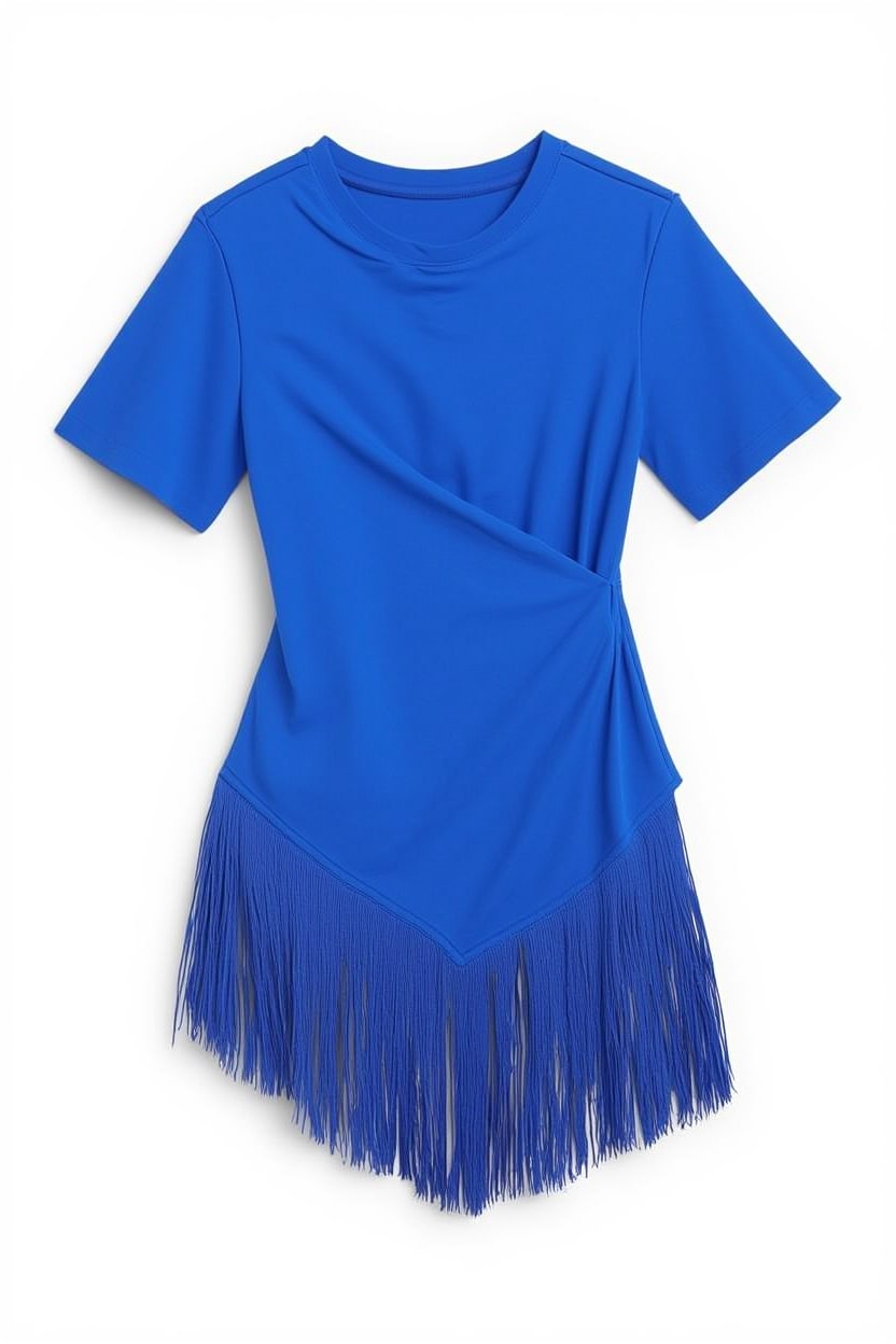 Topshop fringed wrap front tassel hem tee in colbalt blue