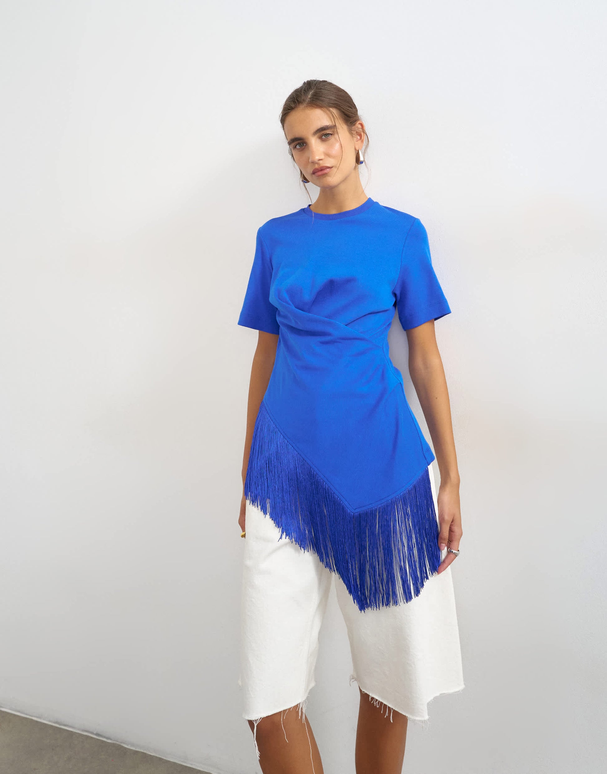 Topshop fringed wrap front tassel hem tee in colbalt blue