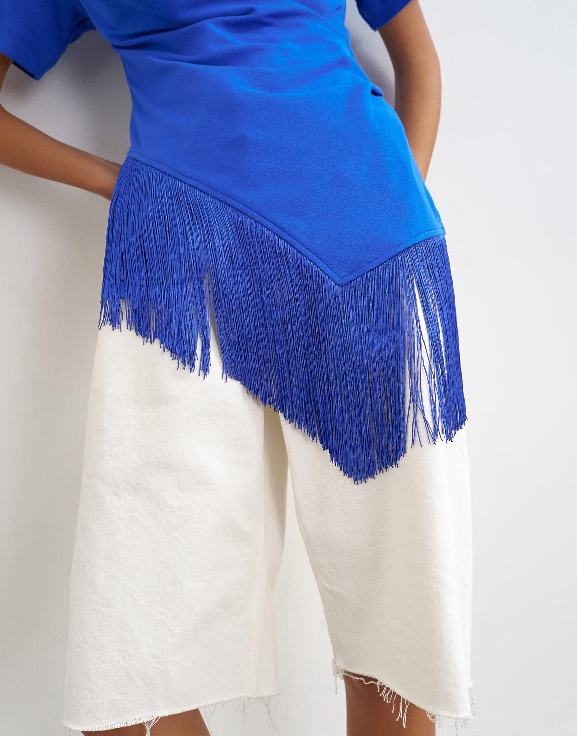 Topshop fringed wrap front tassel hem tee in colbalt blue