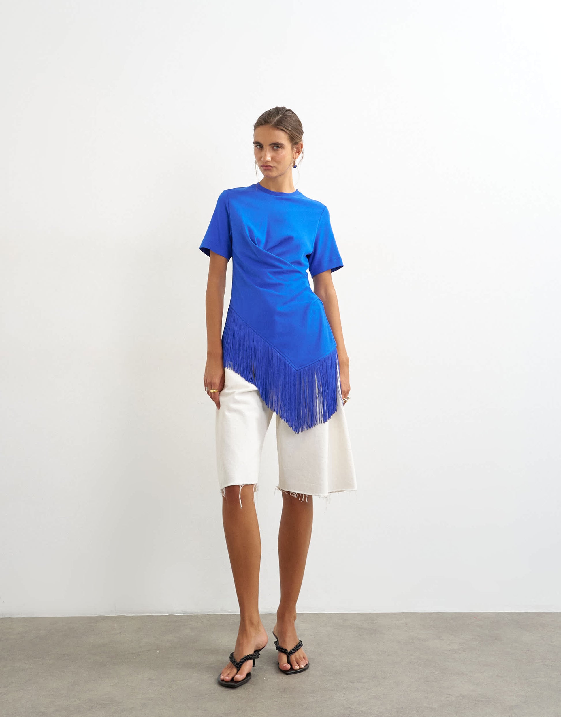 Topshop fringed wrap front tassel hem tee in colbalt blue