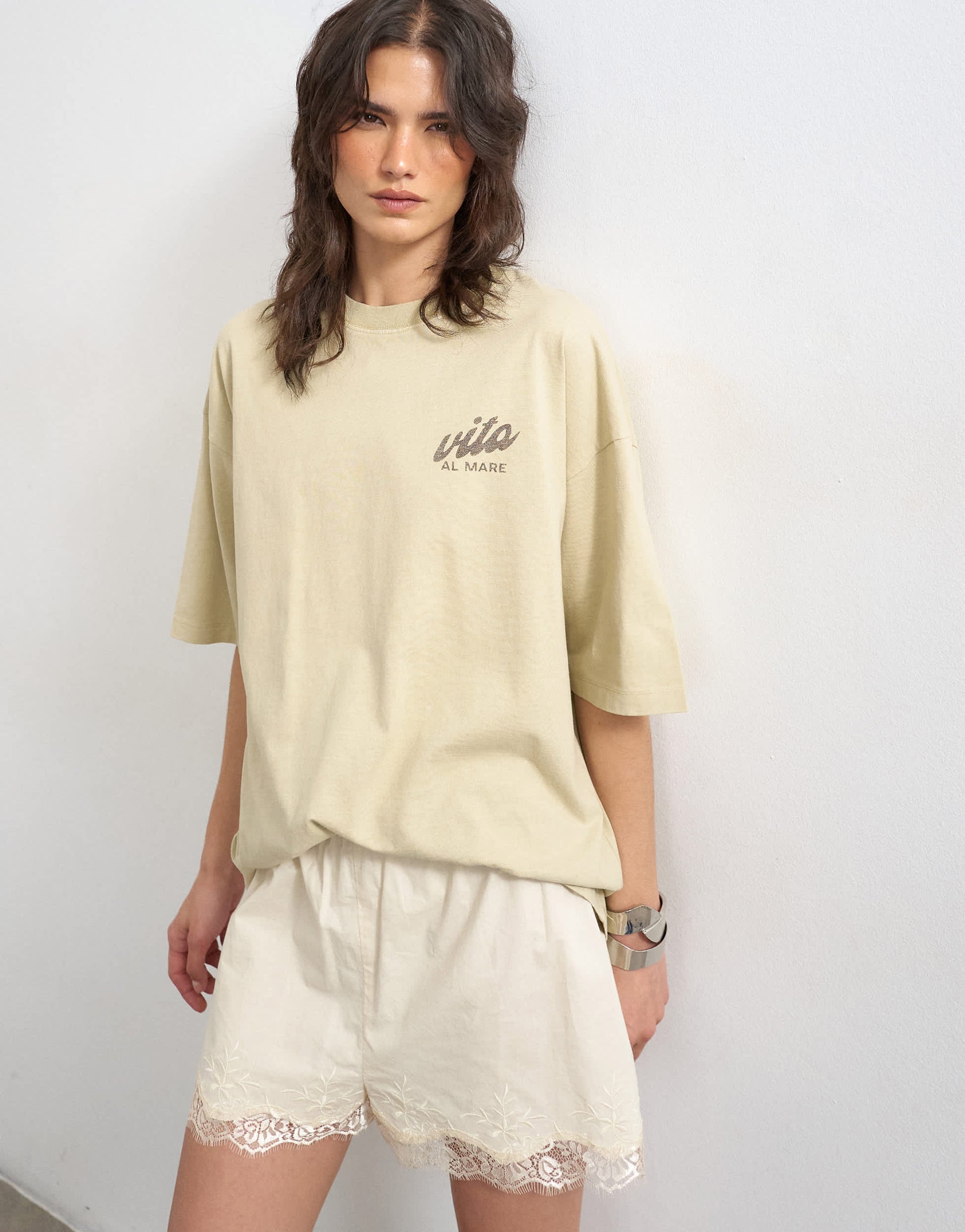 Topshop 'Little Italy' graphic oversized tee in stone