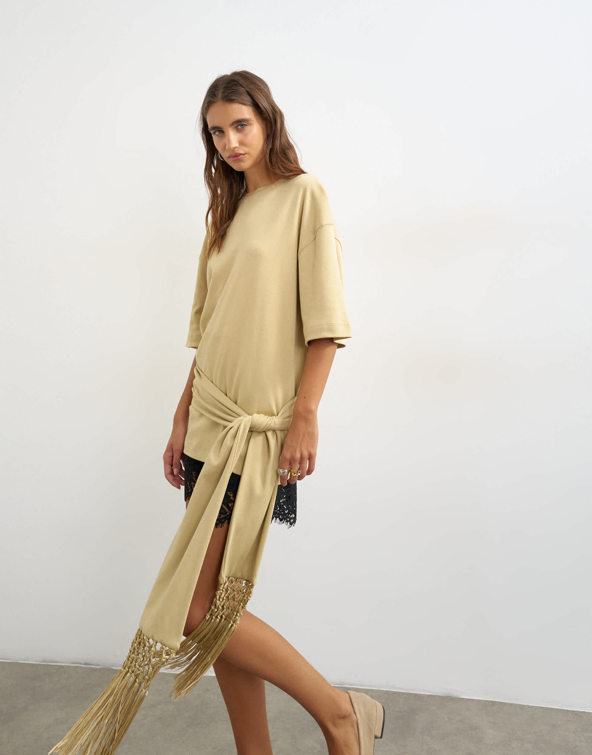 Topshop premium fringe tie detail tee in stone