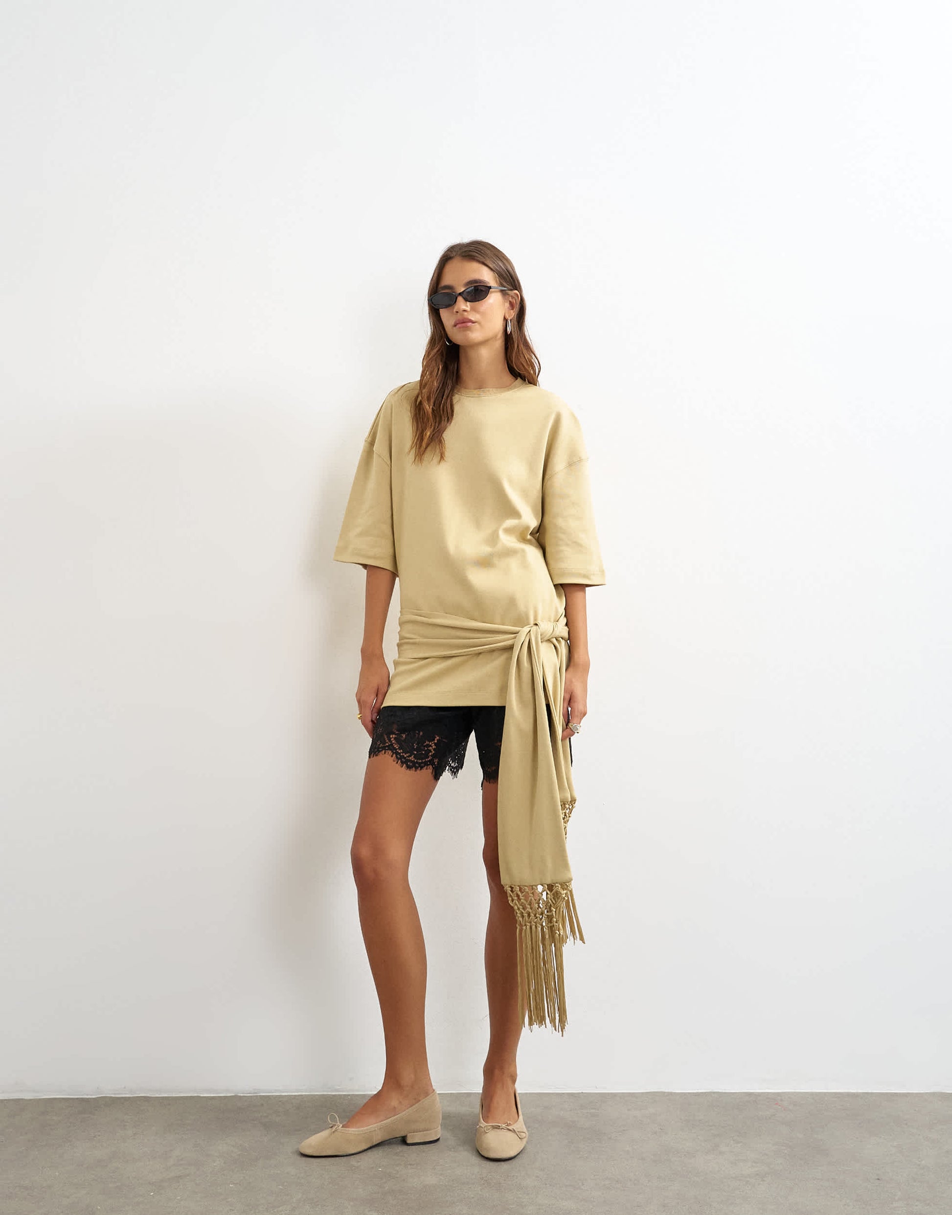 Topshop premium fringe tie detail tee in stone