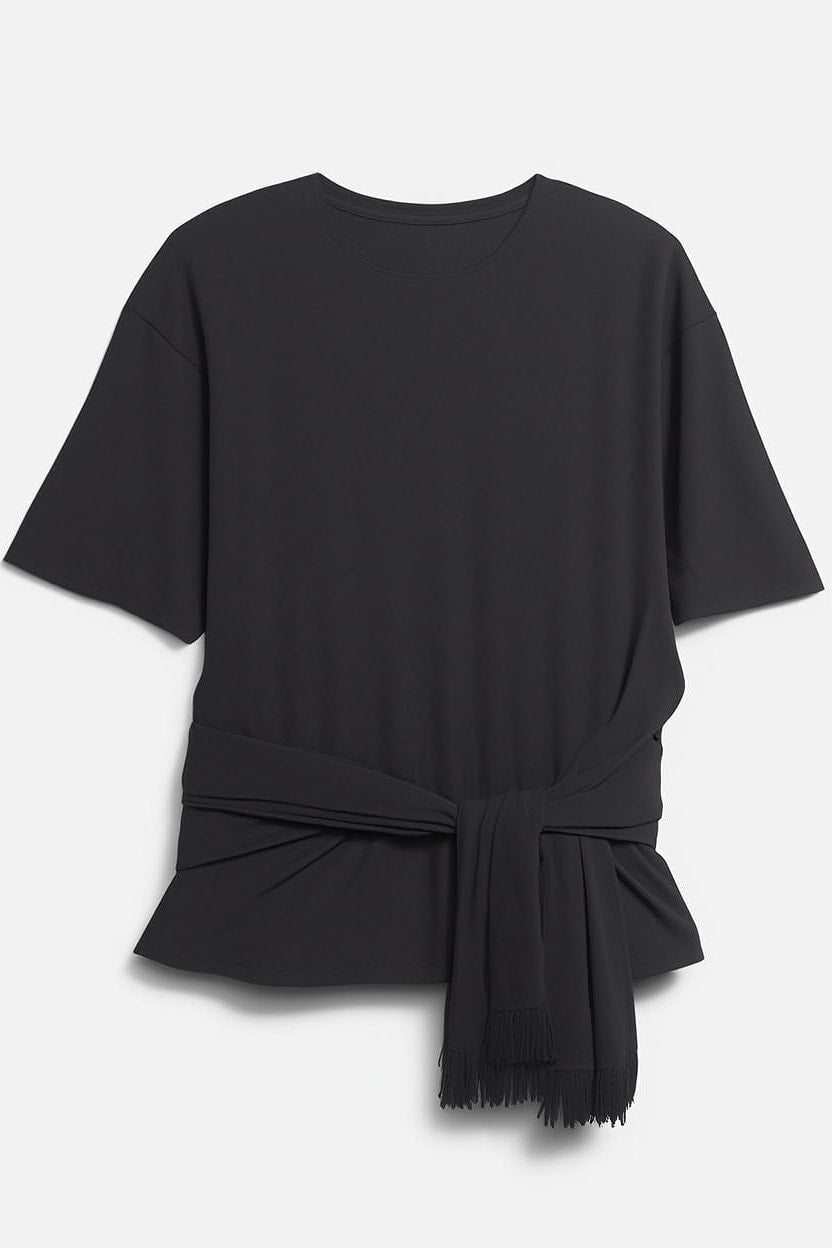 Topshop premium fringe tie detail tee in black