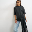 Topshop premium fringe tie detail tee in black