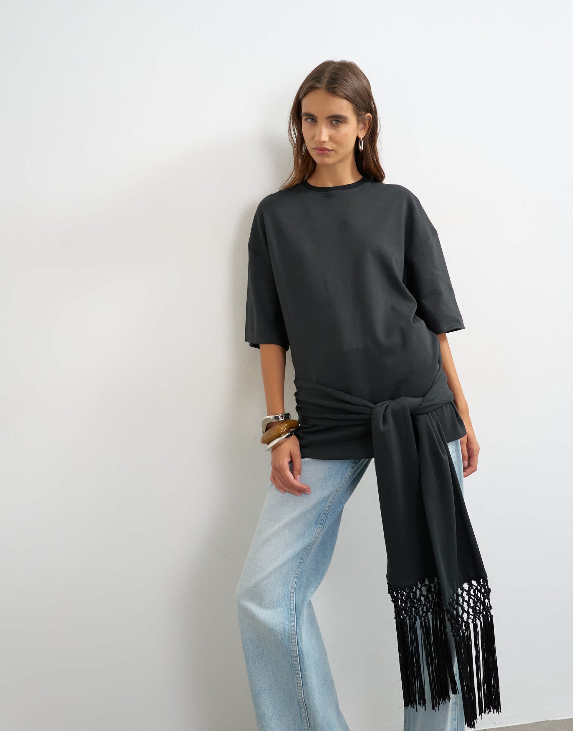 Topshop premium fringe tie detail tee in black