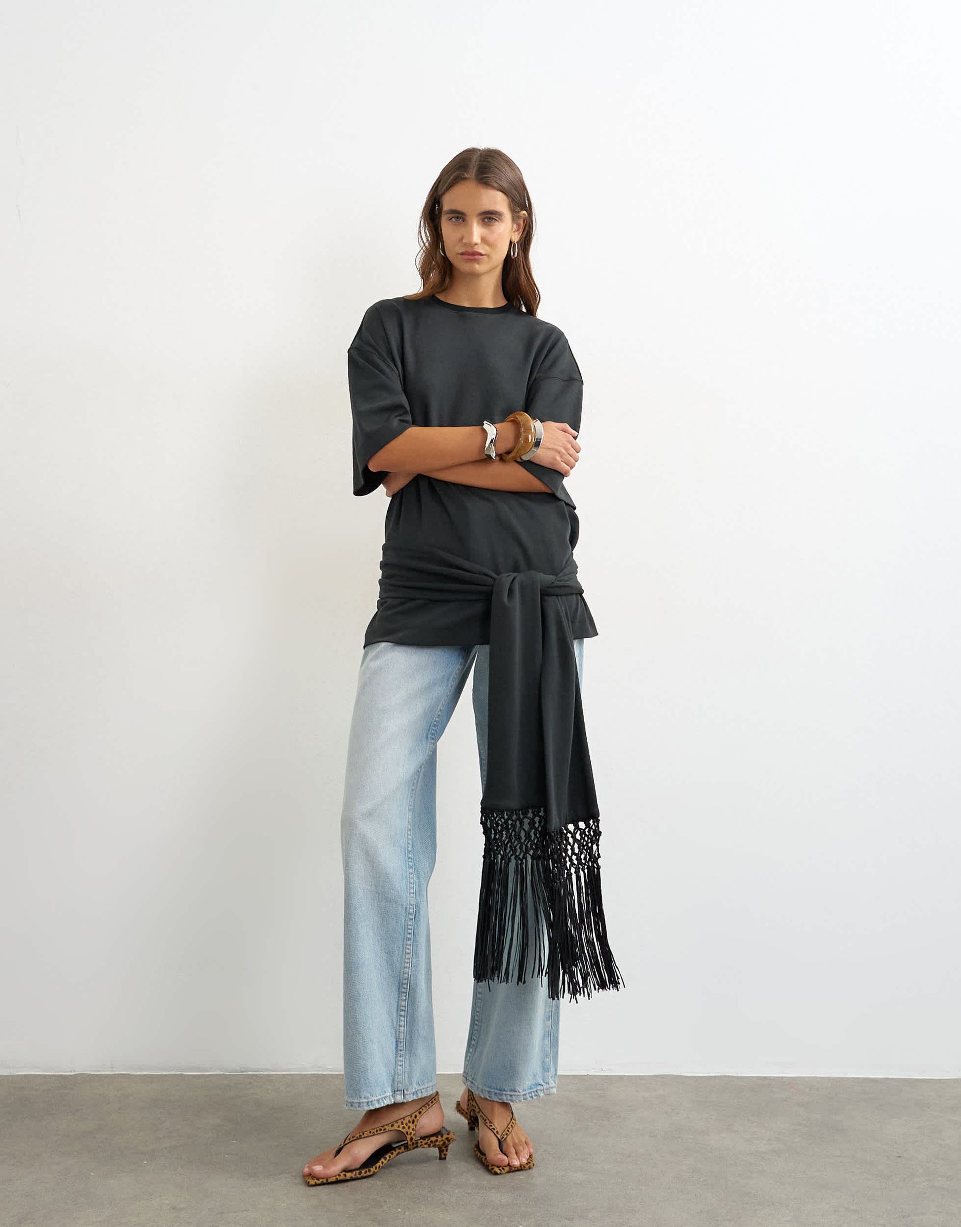 Topshop premium fringe tie detail tee in black