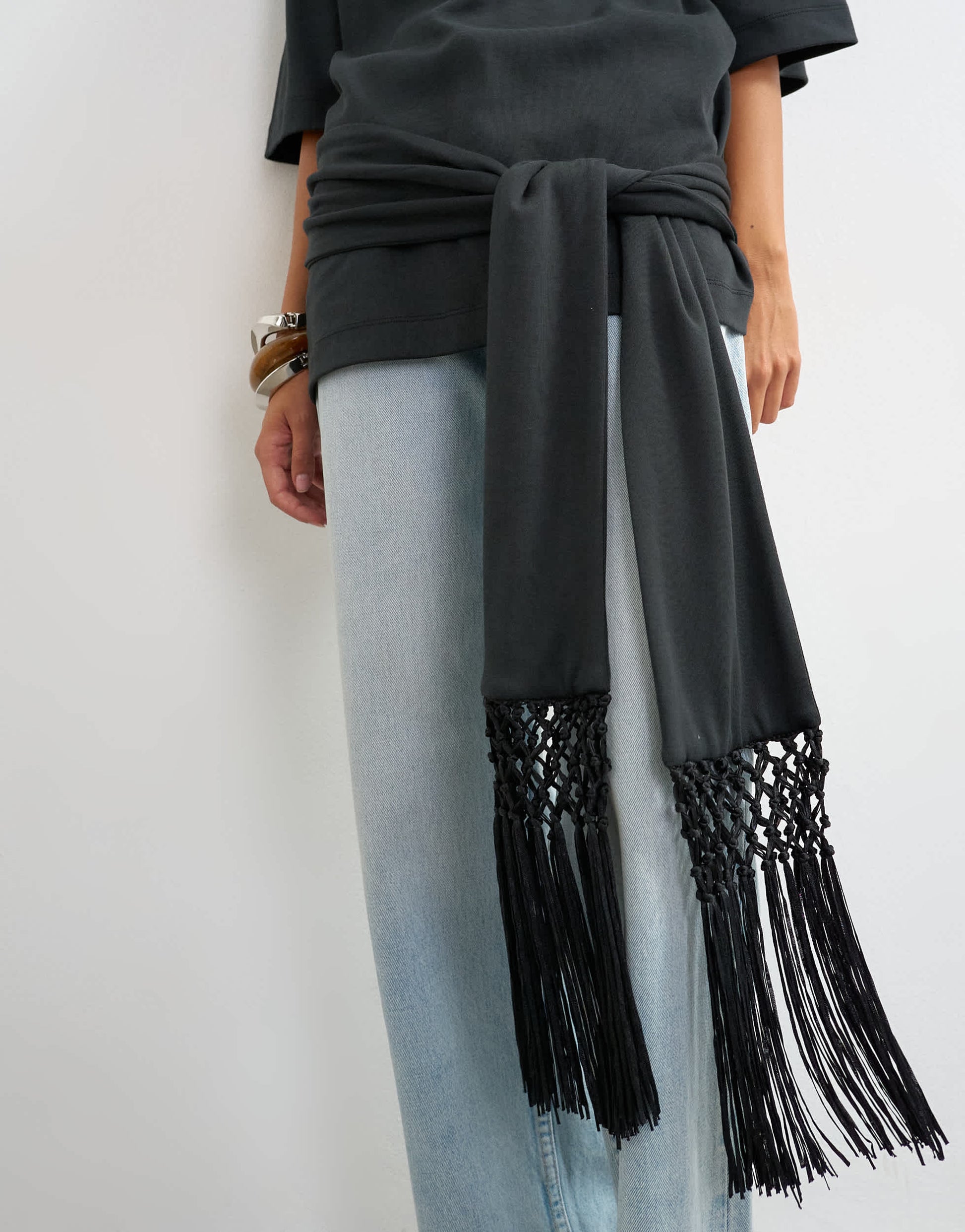 Topshop premium fringe tie detail tee in black
