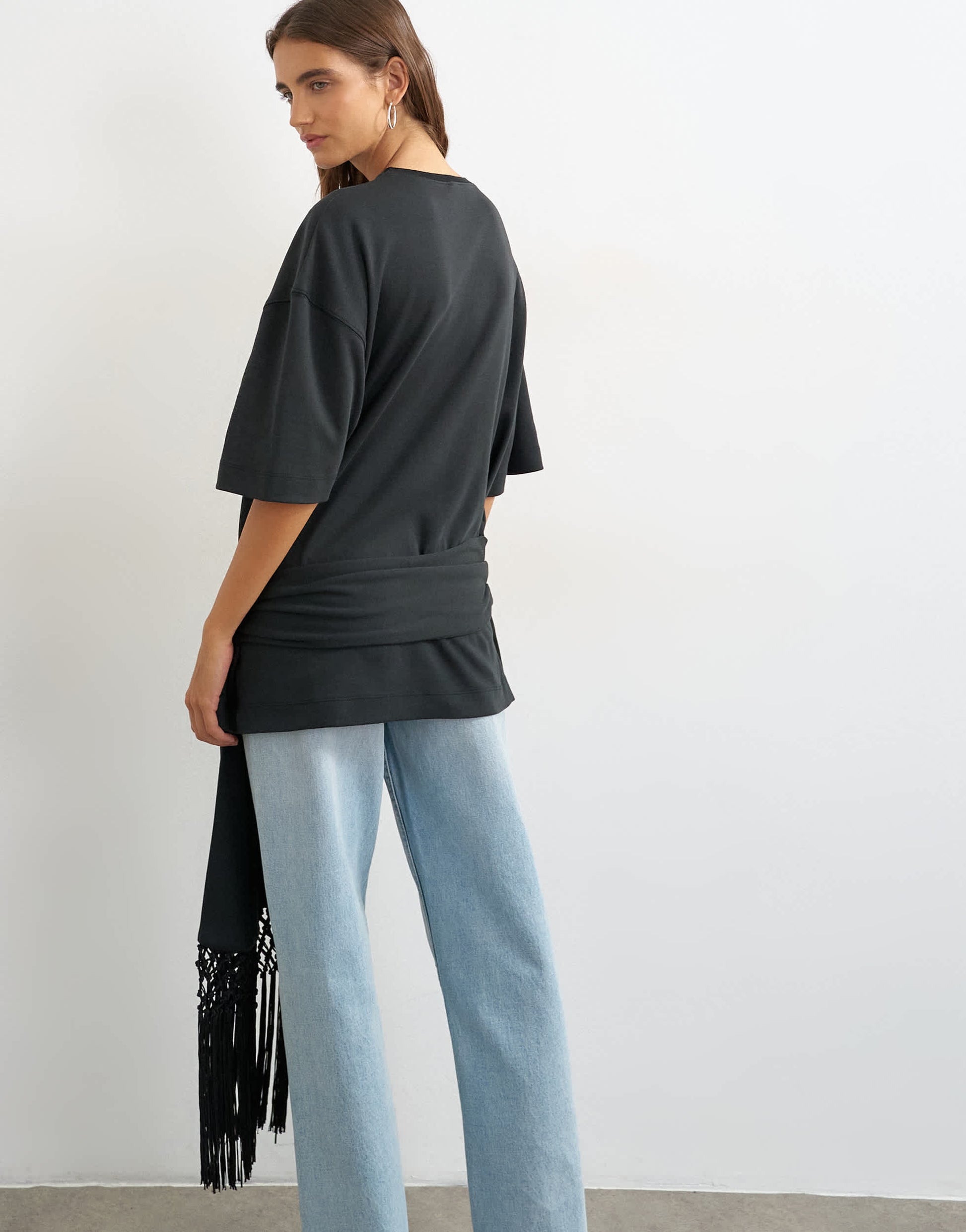 Topshop premium fringe tie detail tee in black