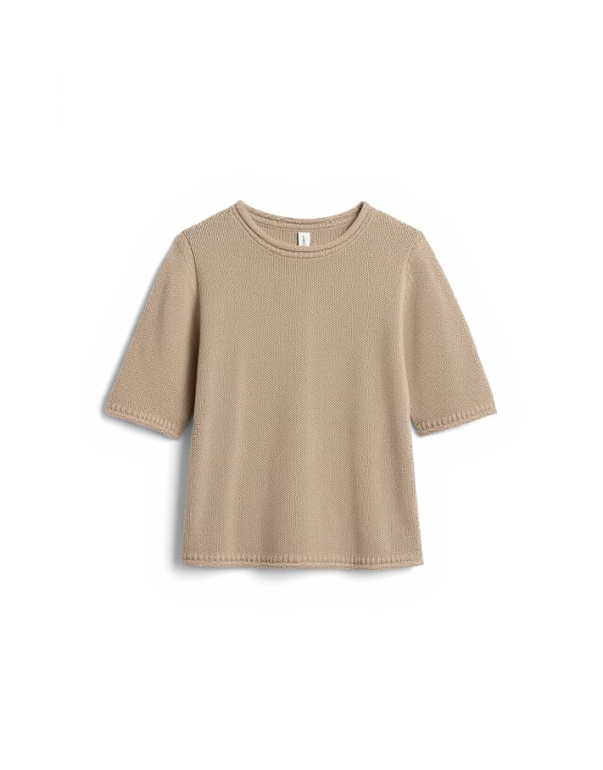 Topshop knitted short sleeve top with roll hem trims in mink brown
