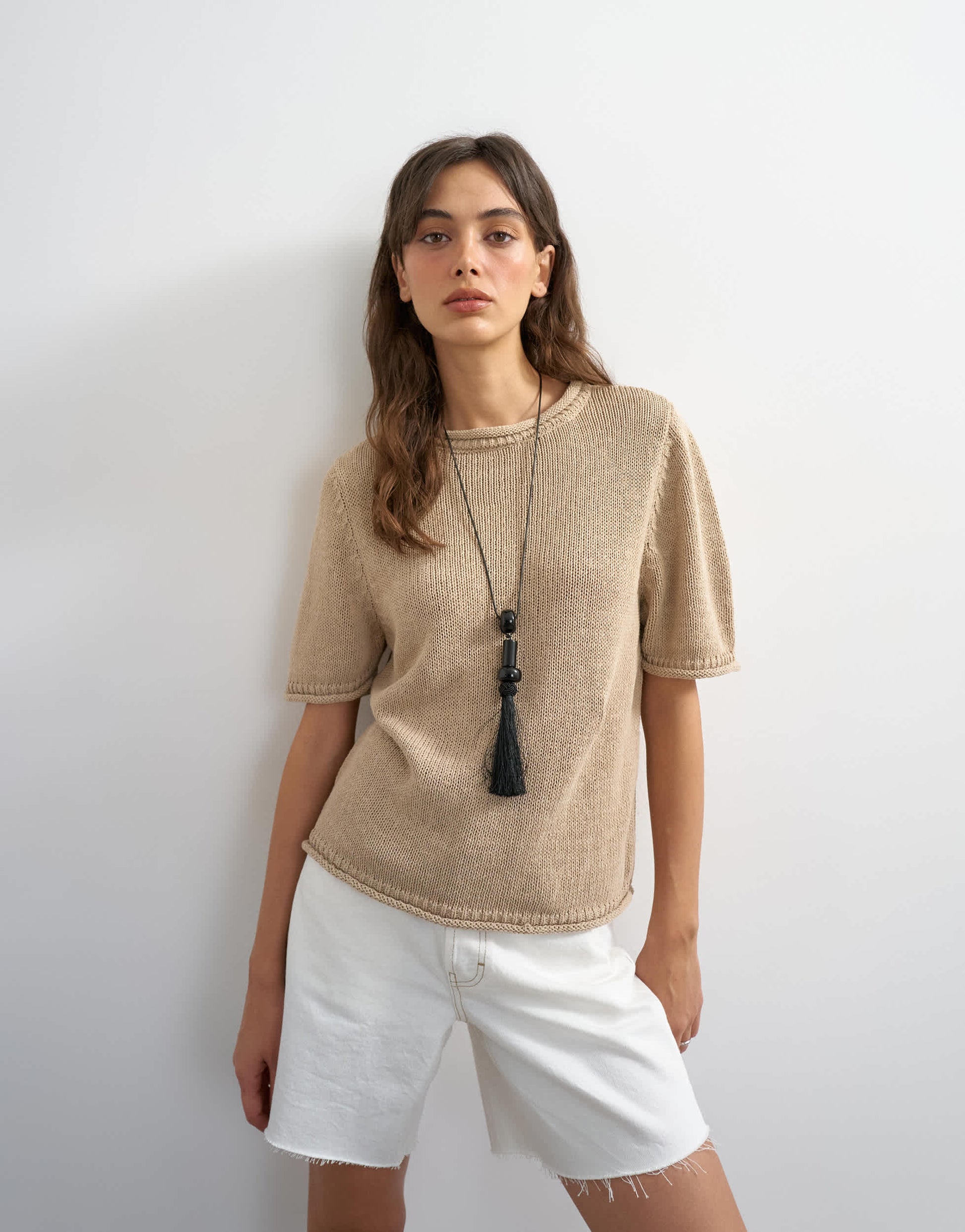 Topshop knitted short sleeve top with roll hem trims in mink brown