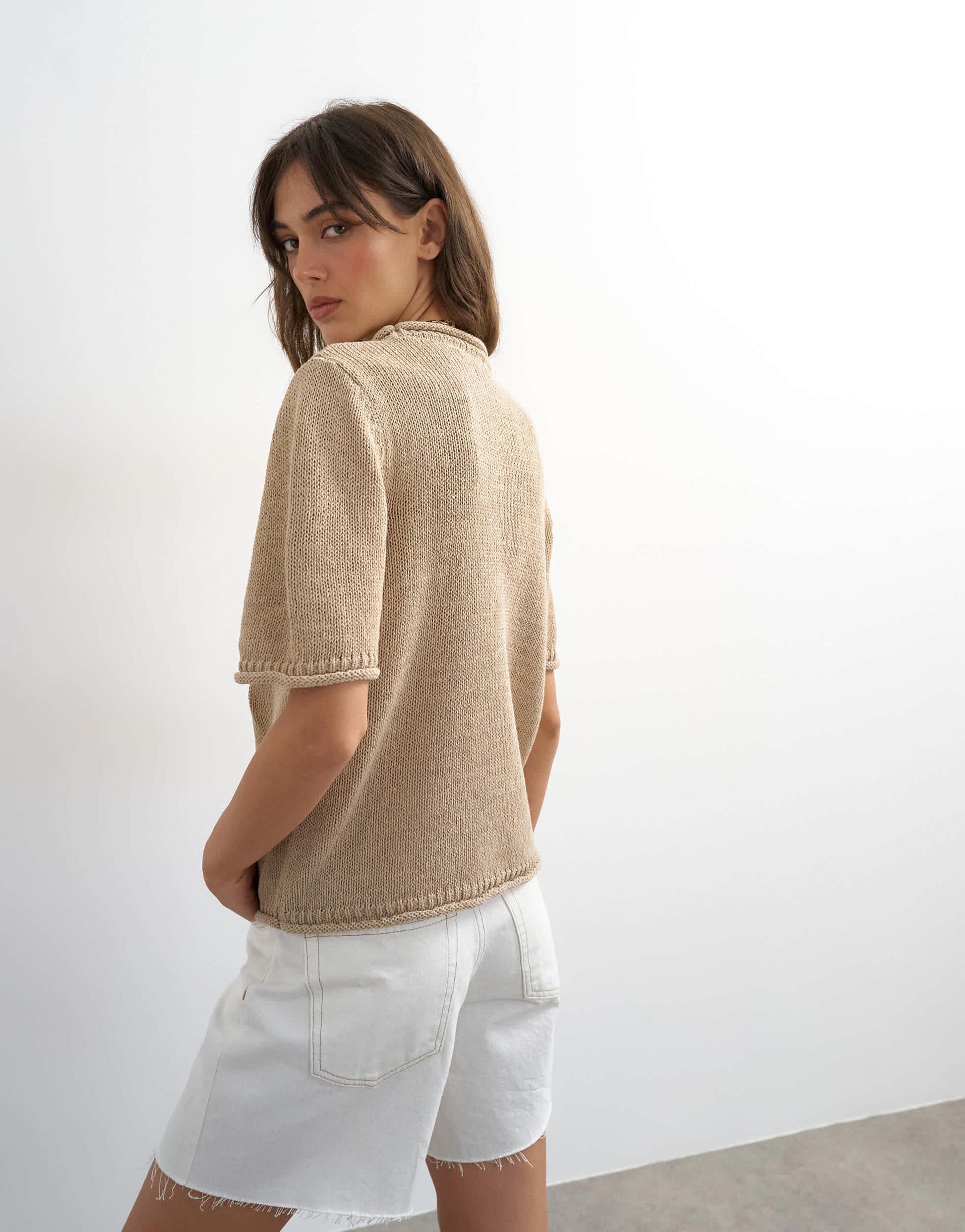 Topshop knitted short sleeve top with roll hem trims in mink brown