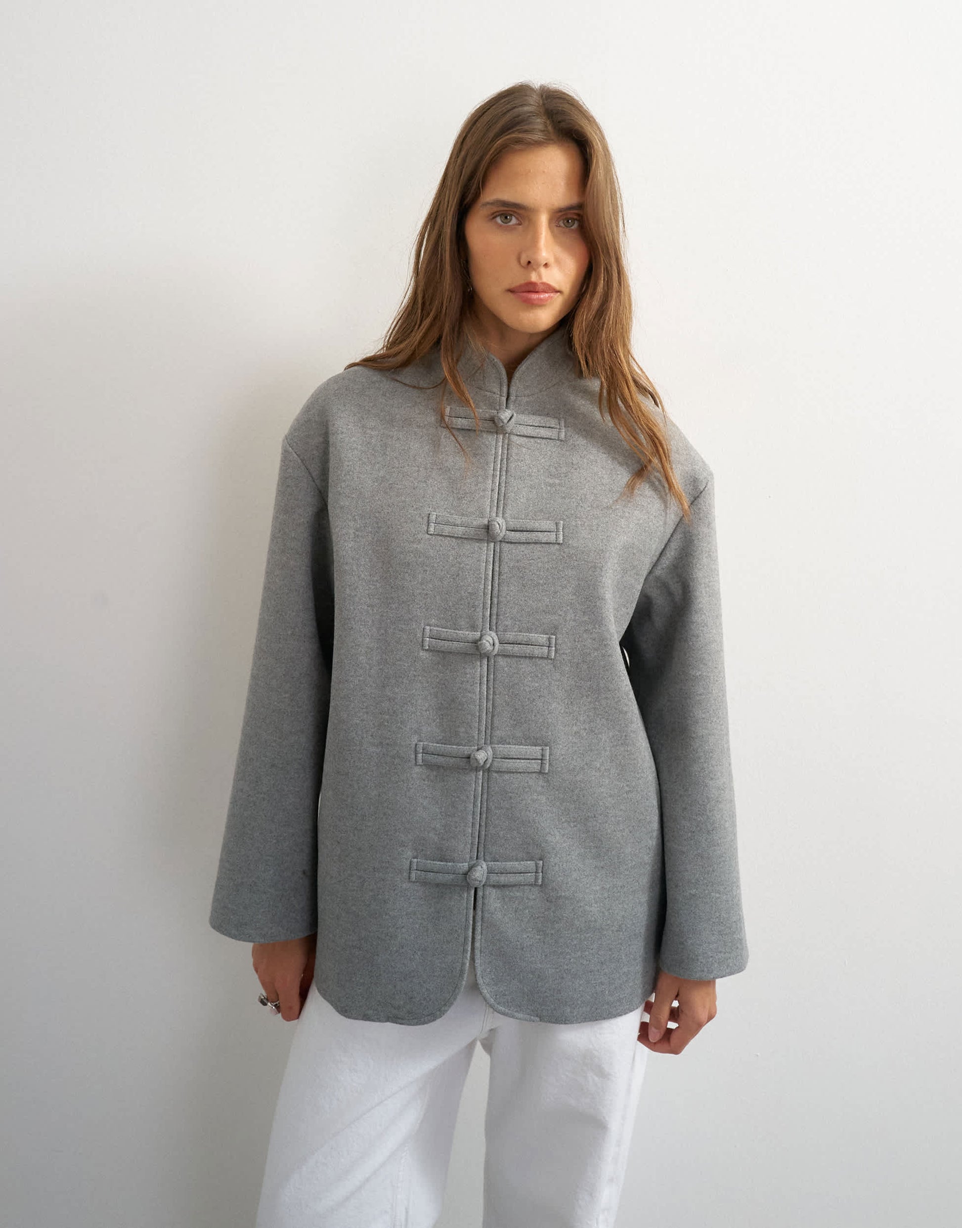 Topshop self frogging formal blazer coat in grey