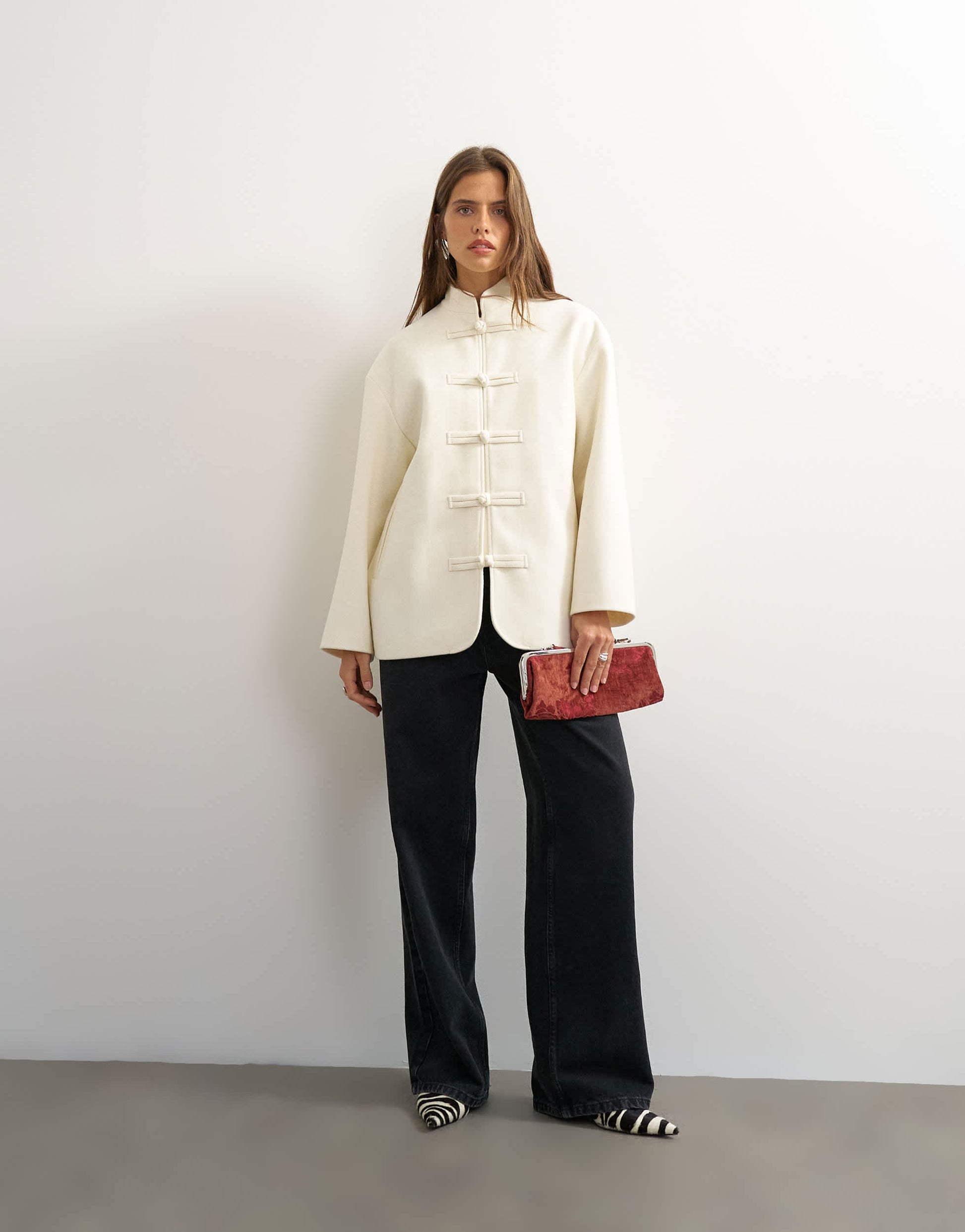 Topshop self frogging formal blazer coat in ecru