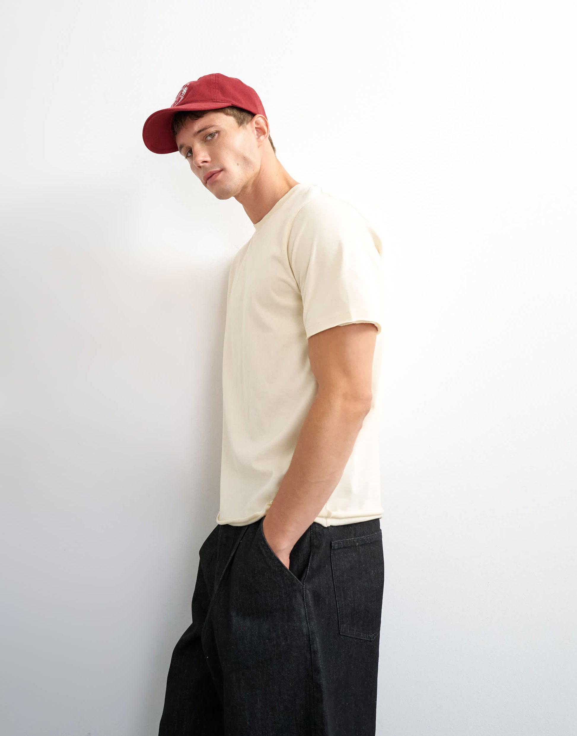 Topman classic fit distressed raw hem t-shirt in ecru
