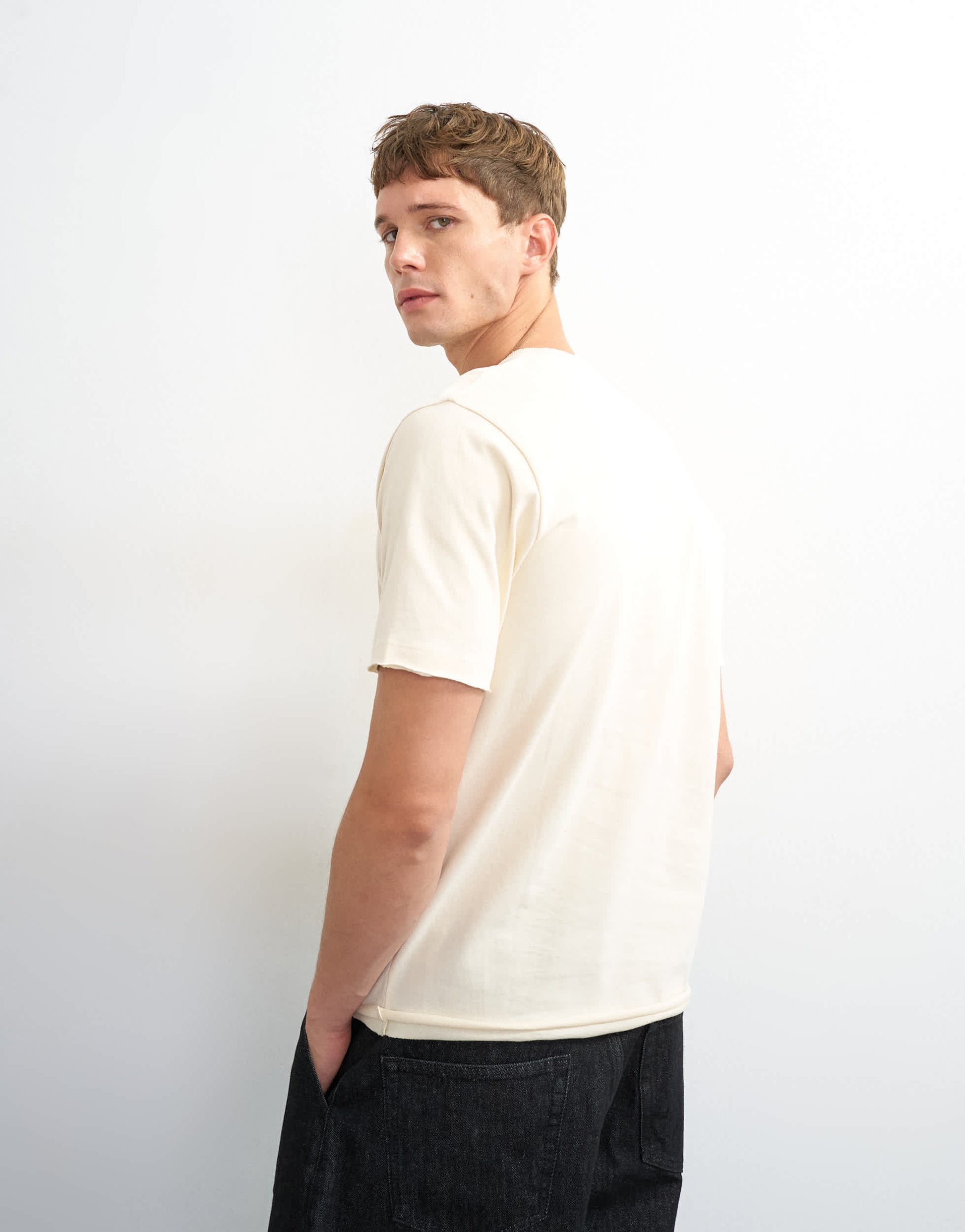 Topman classic fit distressed raw hem t-shirt in ecru