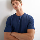 Topman - Henley gaufré à manches courtes, coupe classique, couleur bleu marine