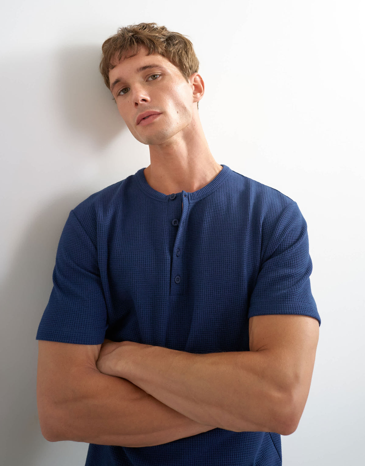 Topman slim fit short sleeve waffle henley in navy