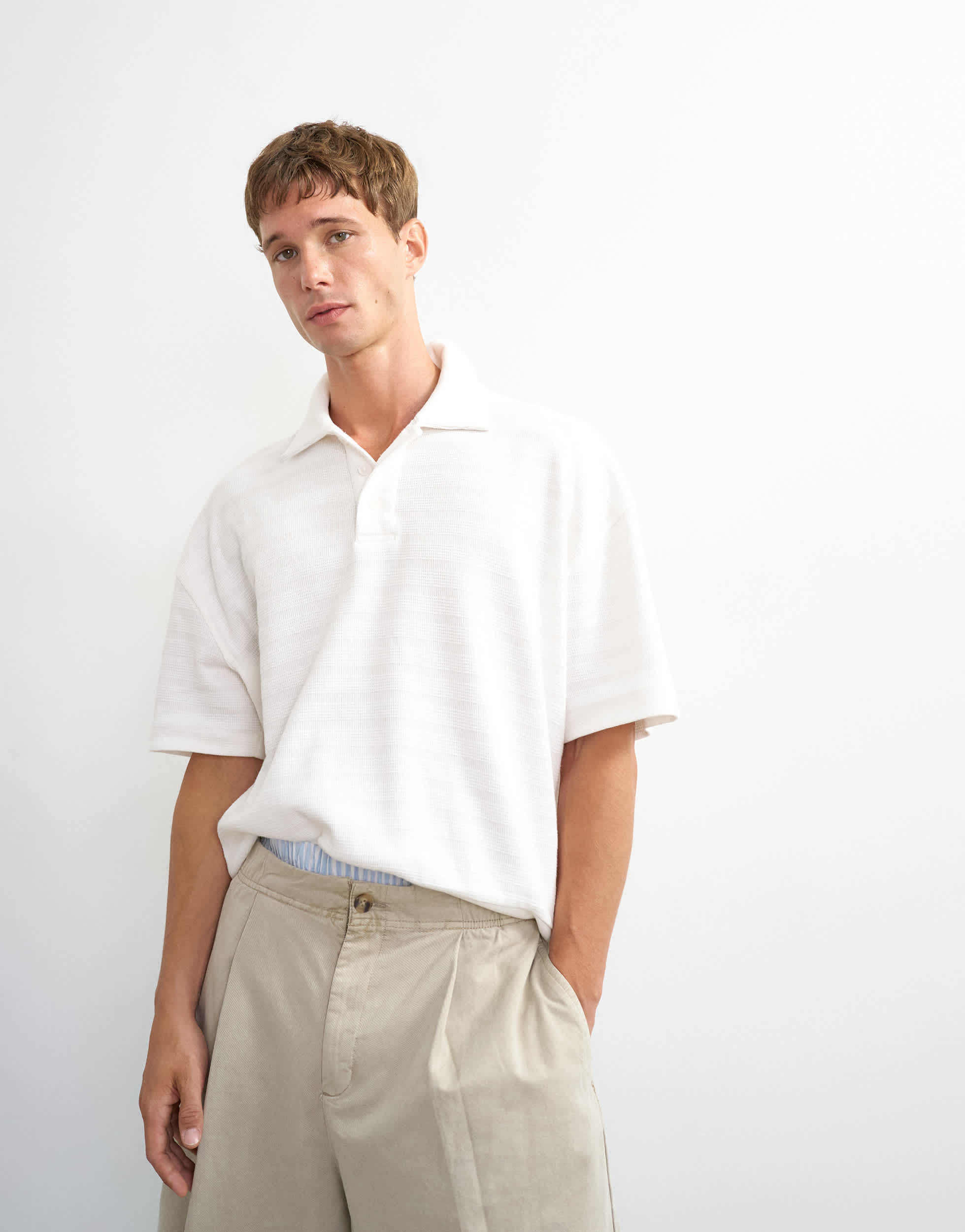 Topman boxy fit textured striped jersey polo in ecru