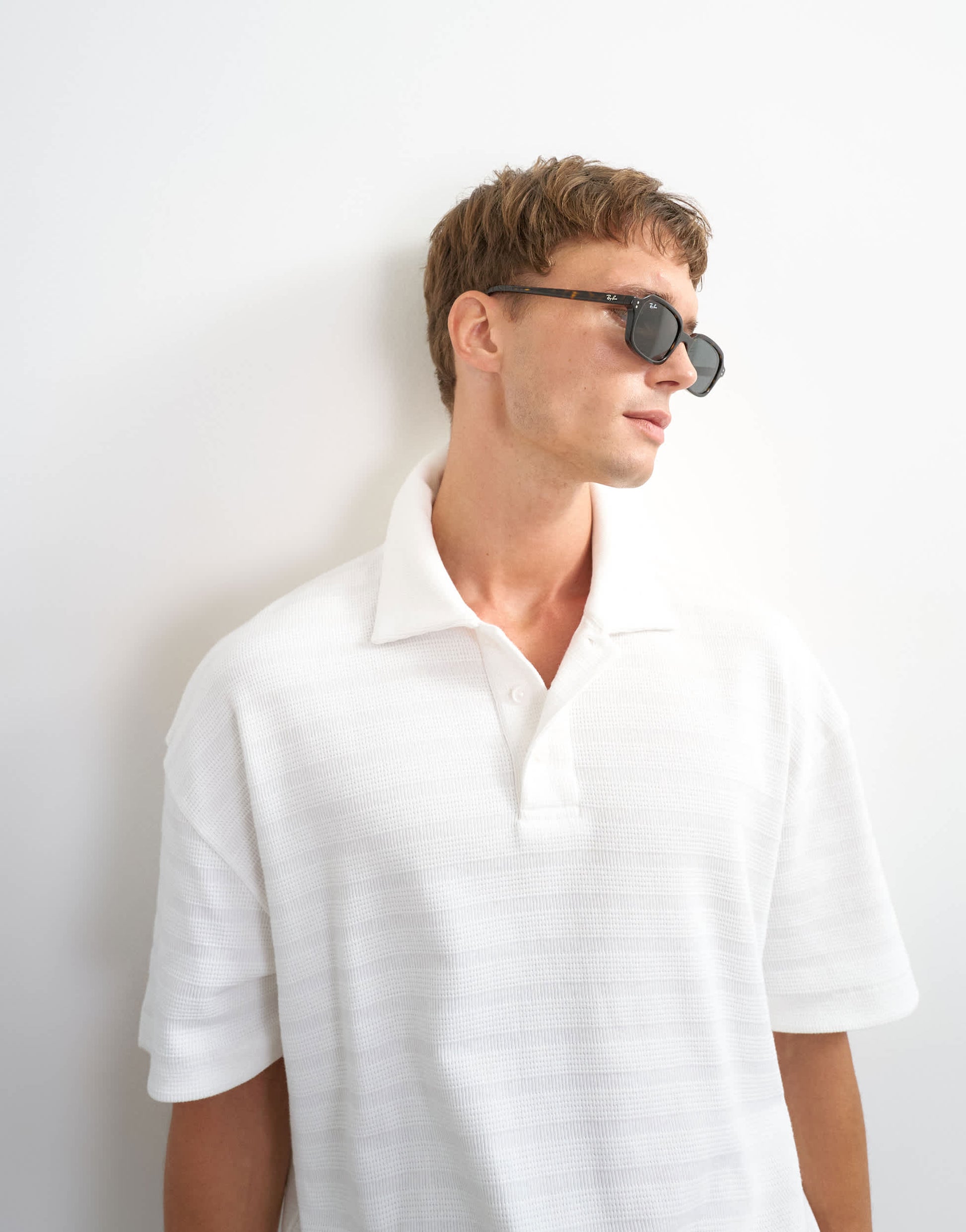 Topman boxy fit textured striped jersey polo in ecru