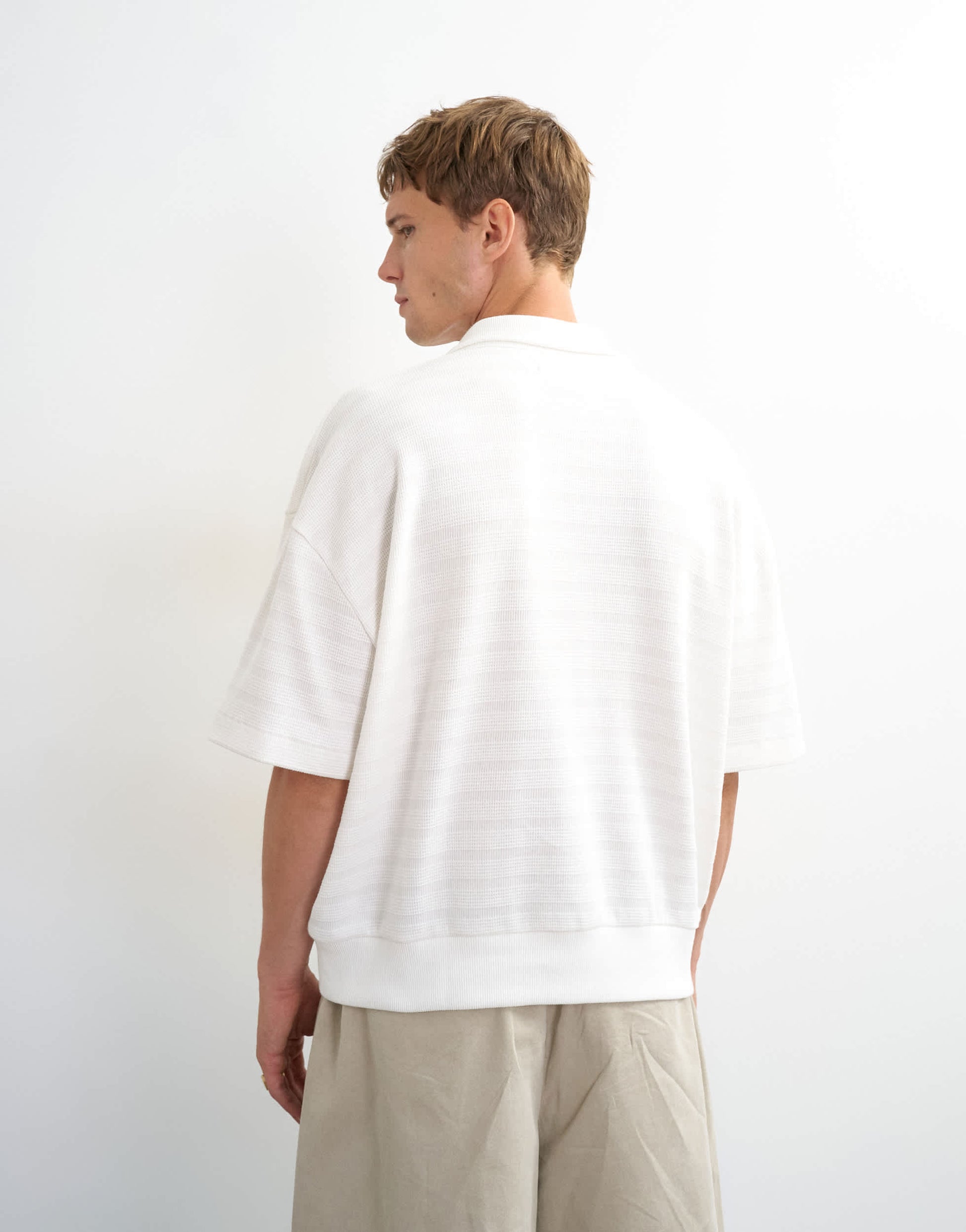 Topman boxy fit textured striped jersey polo in ecru