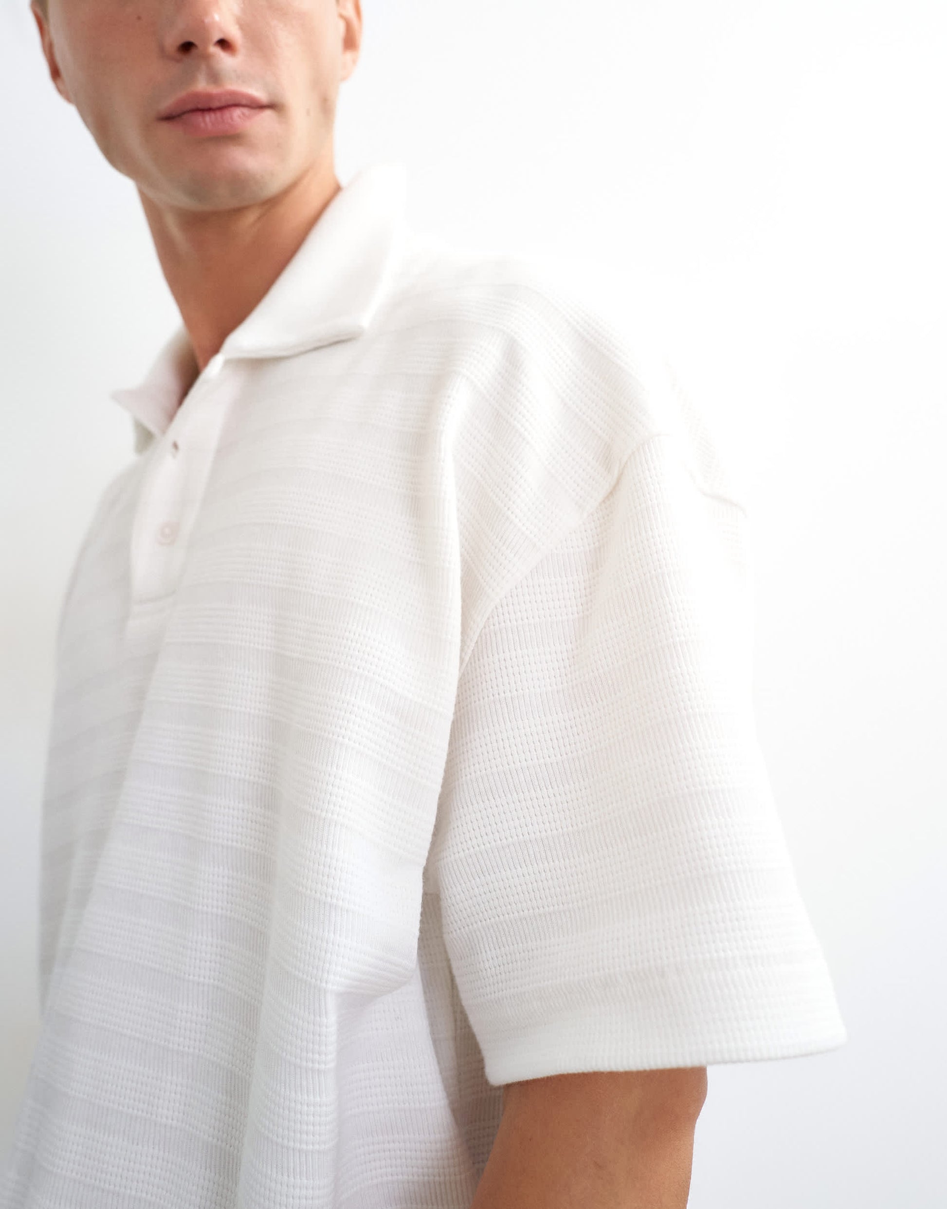 Topman boxy fit textured striped jersey polo in ecru
