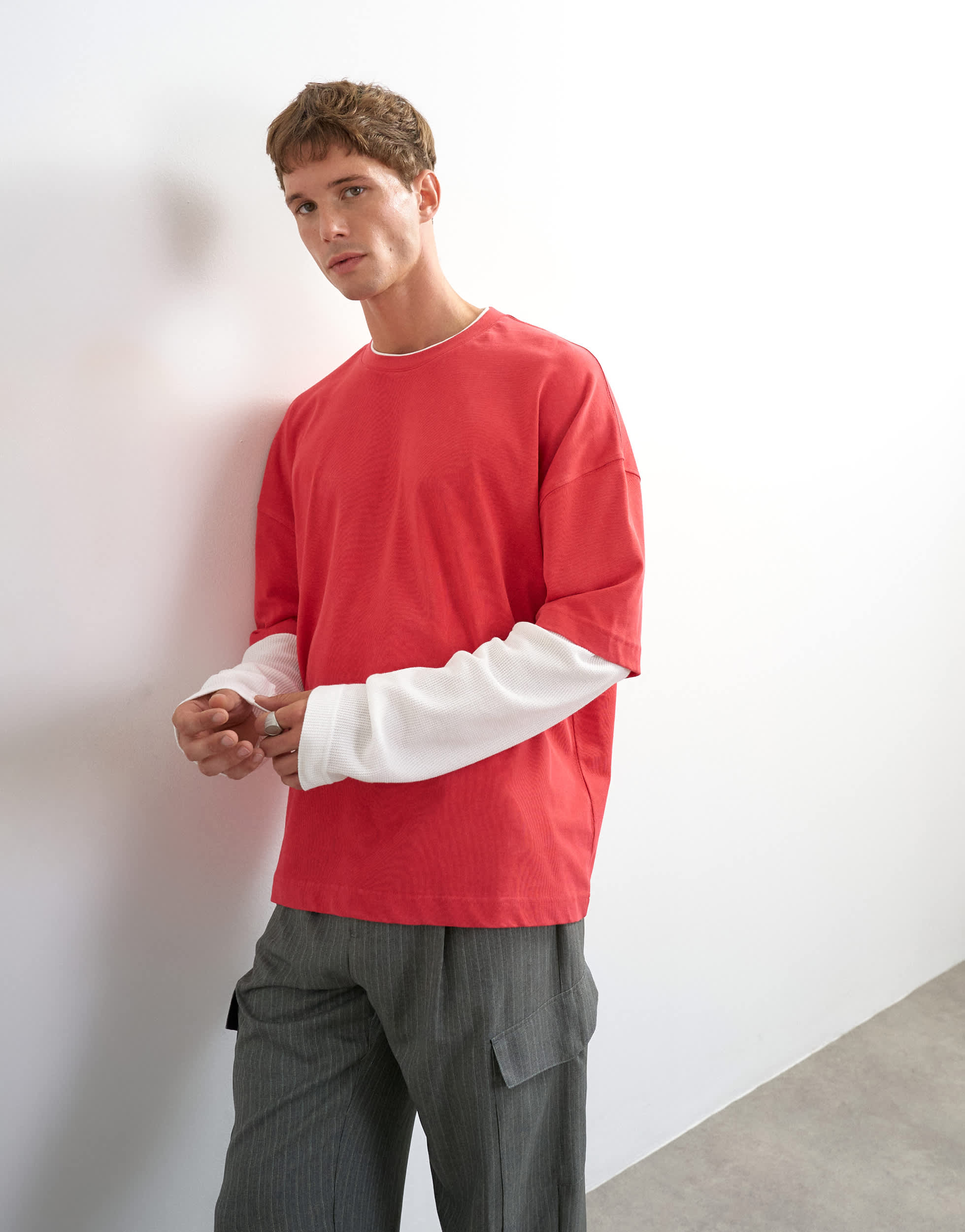 Topman relaxed fit crop layered t-shirt with waffle sleeve in washed red