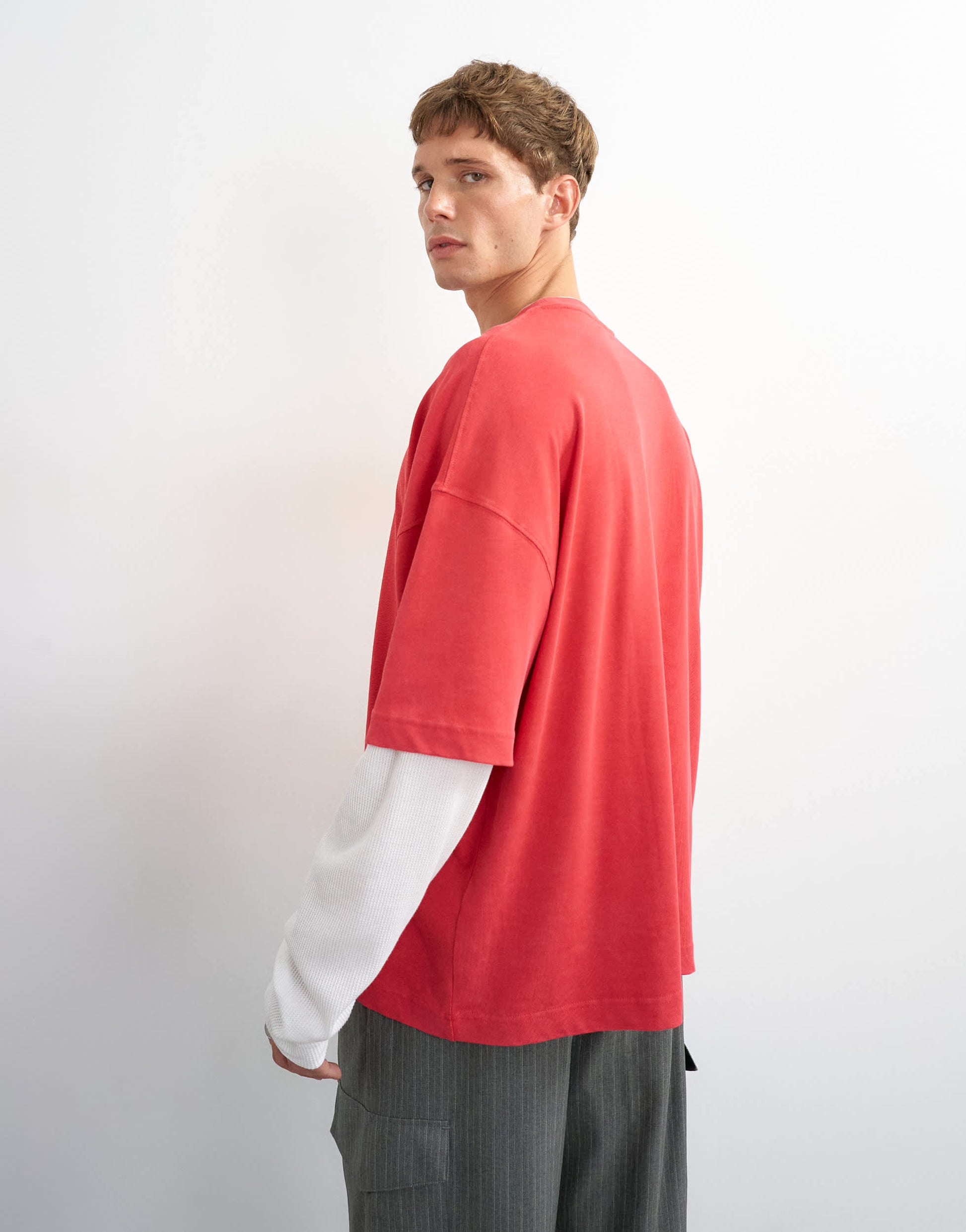 Topman relaxed fit crop layered t-shirt with waffle sleeve in washed red