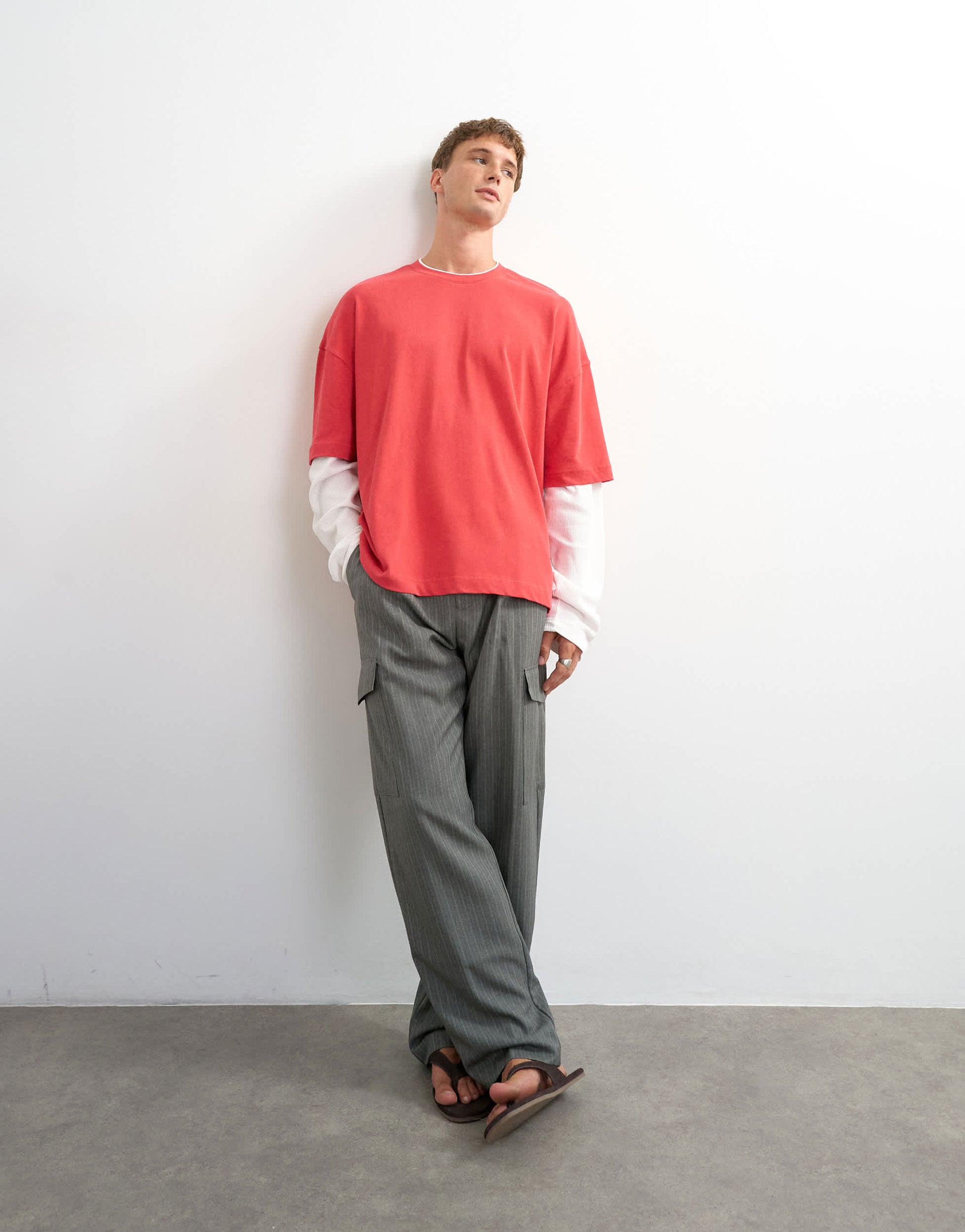 Topman relaxed fit crop layered t-shirt with waffle sleeve in washed red